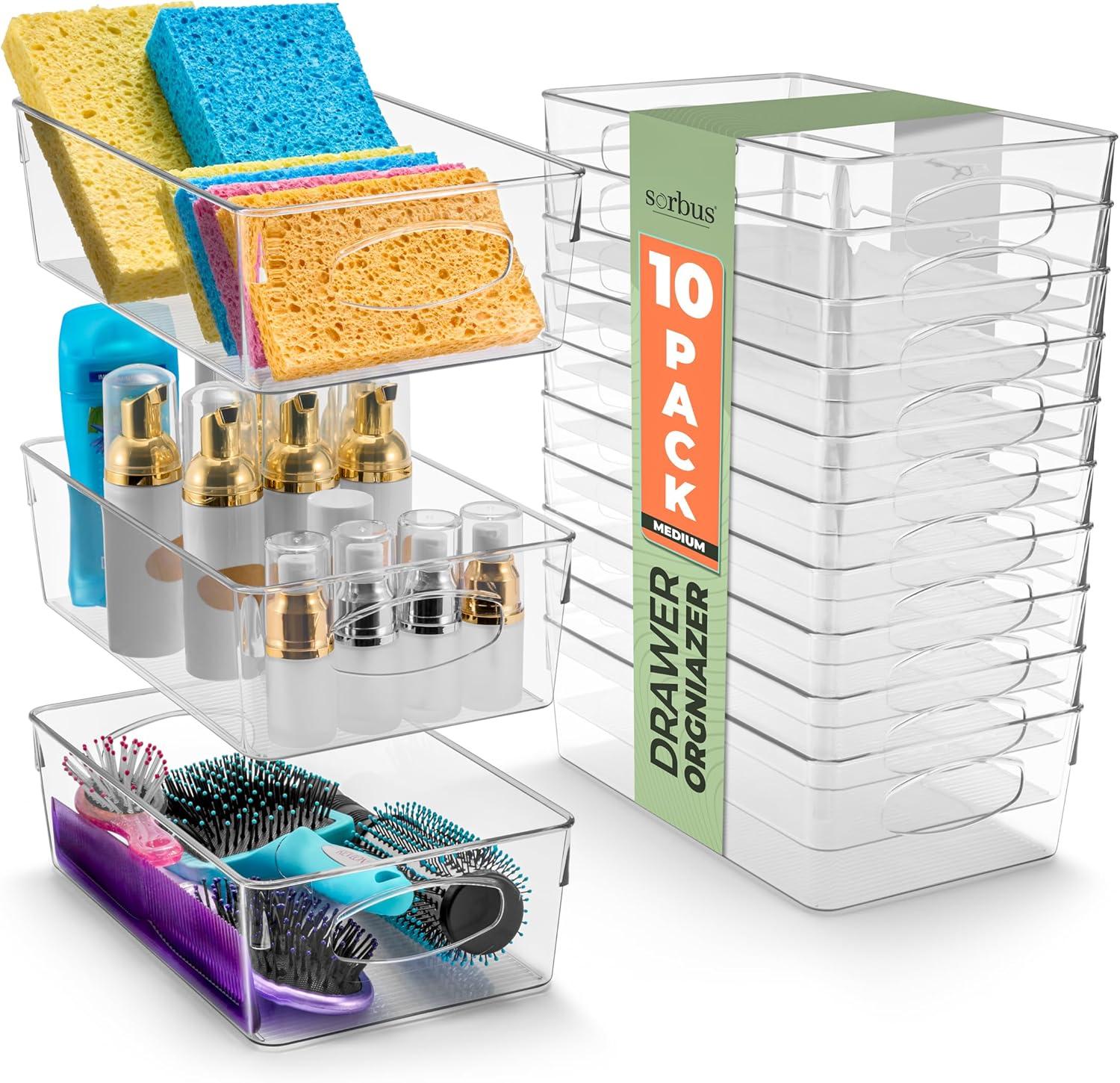 Sorbus Sorbus 10 Pack Narrow Clear Plastic Storage Bins with Handles for Shelves