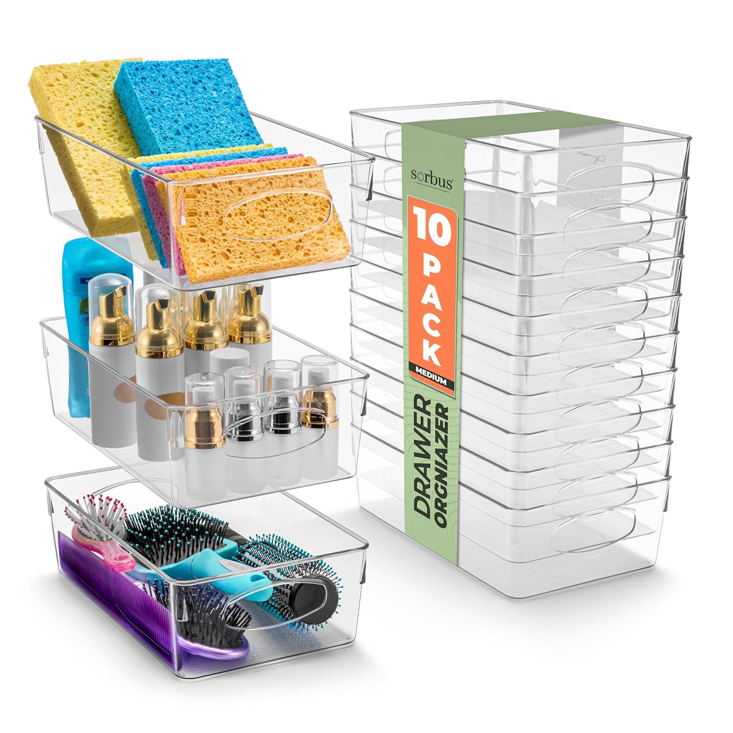 Sorbus Sorbus 10 Pack Narrow Clear Plastic Storage Bins with Handles for Shelves