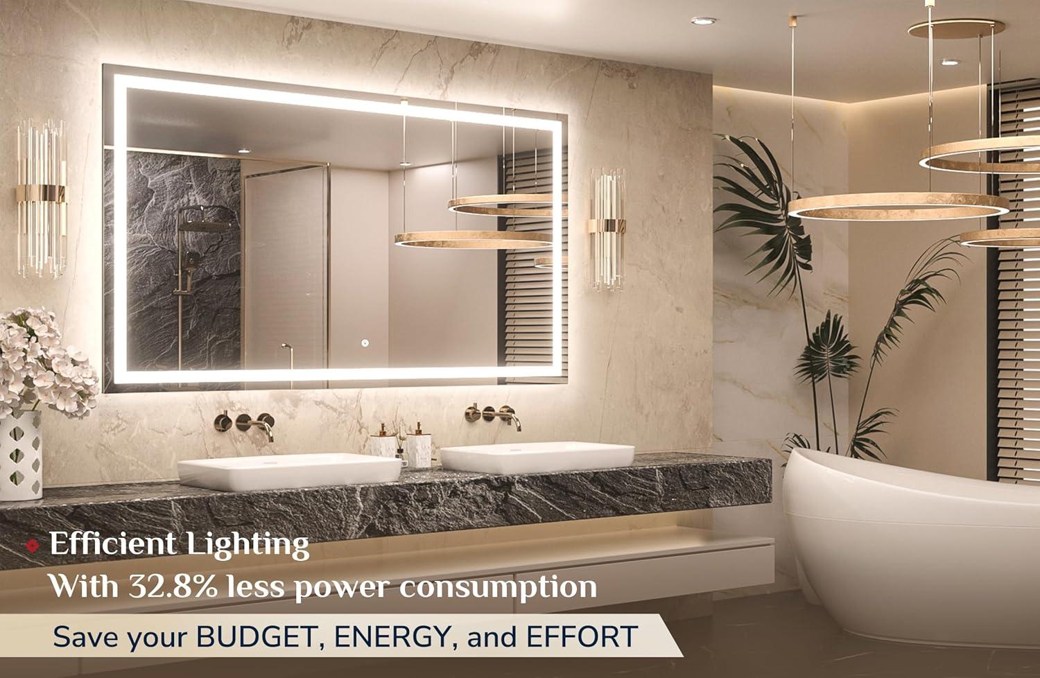 Keonjinn LED Bathroom Mirror 60 ” x 36 ” with Frontlit & Backlit, Lighted Mirror with Stepless Dimmable 3-Color Lights, Bathroom Vanity Mirror with HD Tempered Glass, UL-Listed LED Driver, CRI90+