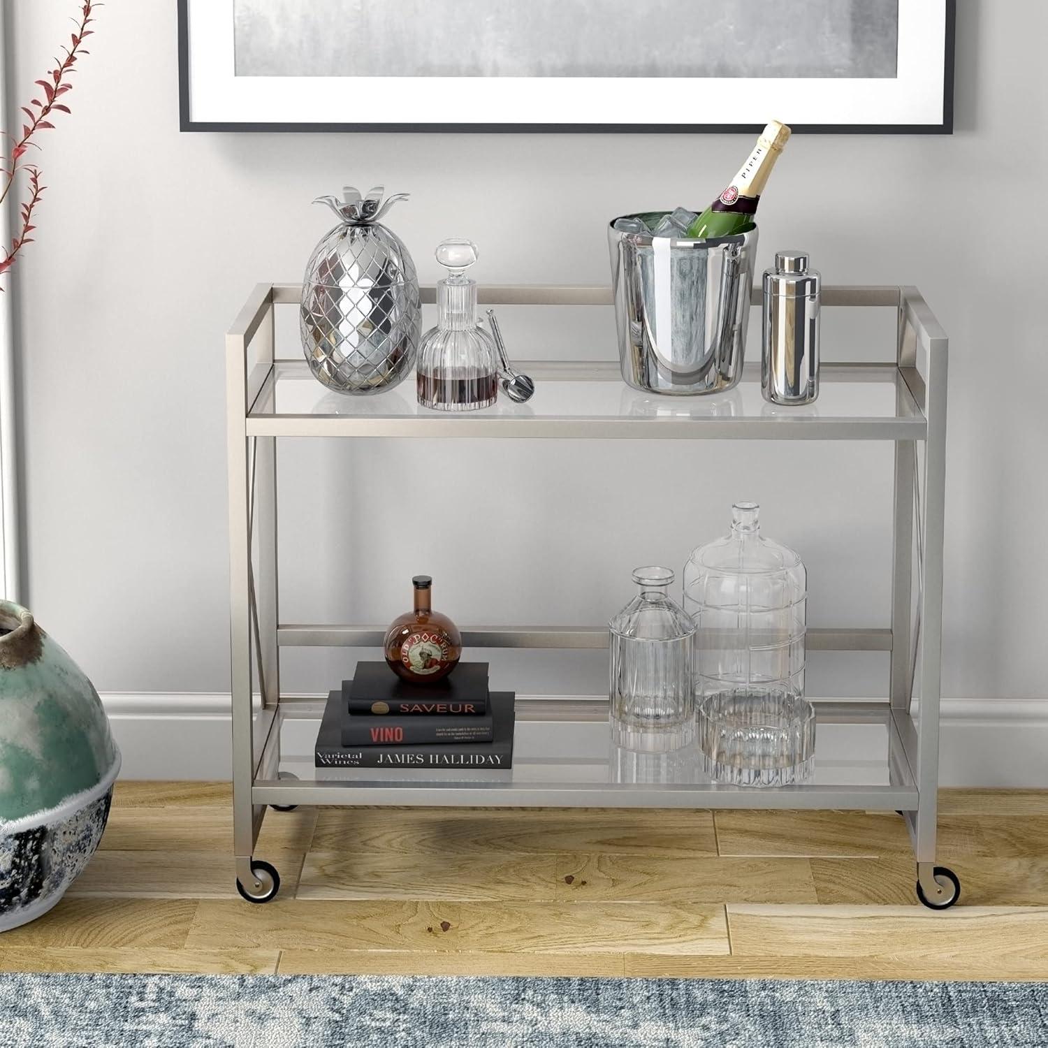 Contemporary Satin Nickel Rolling Bar Cart with Glass Shelves