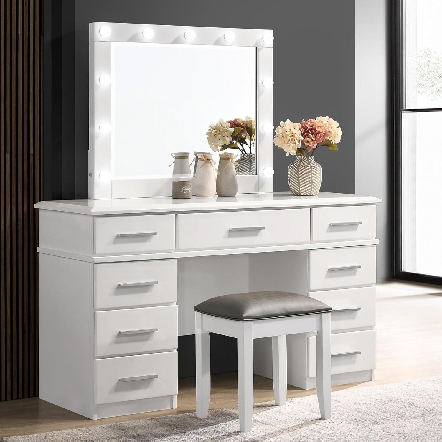 Contemporary Glossy White Vanity Desk with Lighted Hollywood Mirror