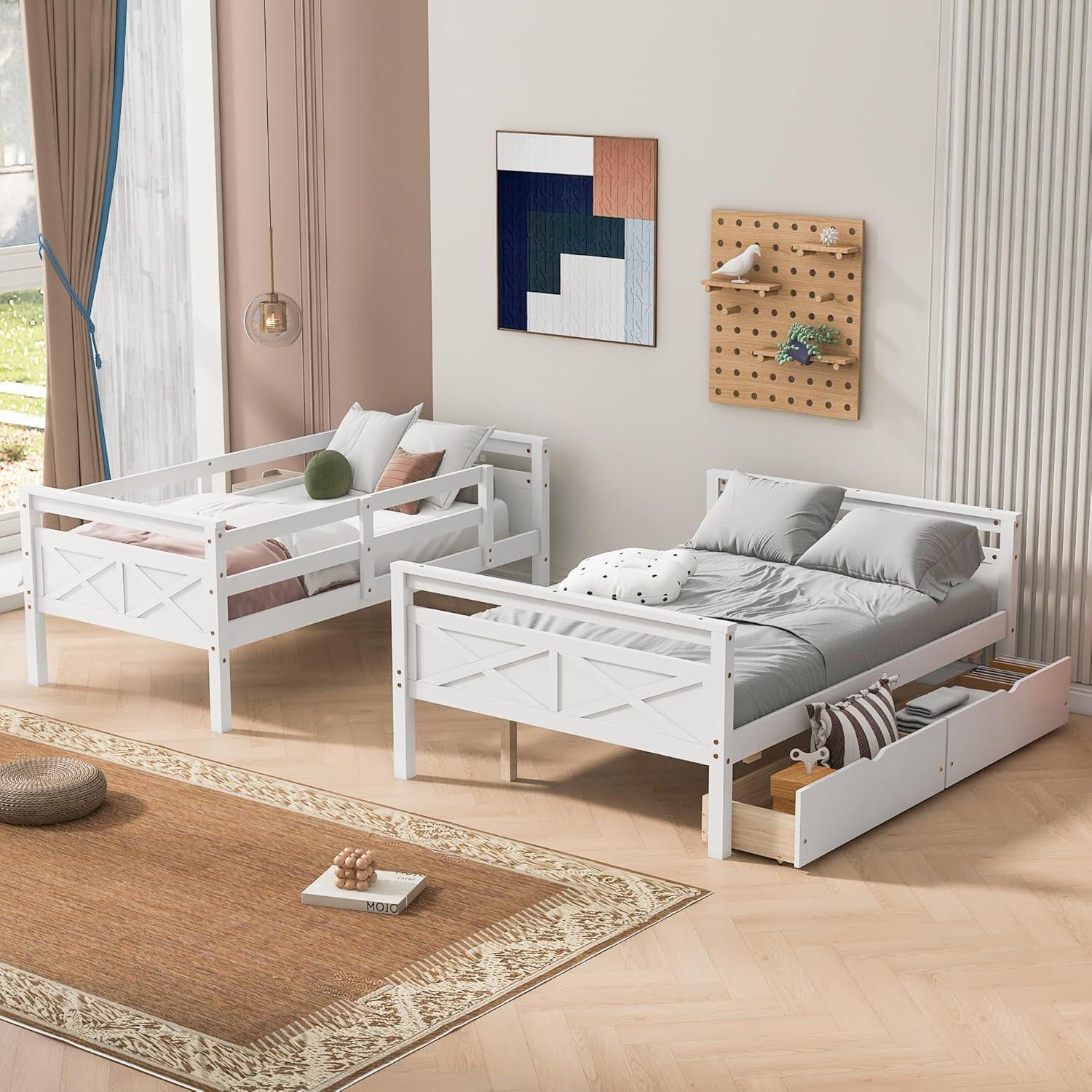 Merax Twin Over Full Bunk Bed with 2 Storage Drawers,Solid Wood Bunk Bed with Ladder and Safety Guardrail for Bedroom Kids Adults, Can be Separated into 2 Beds,White