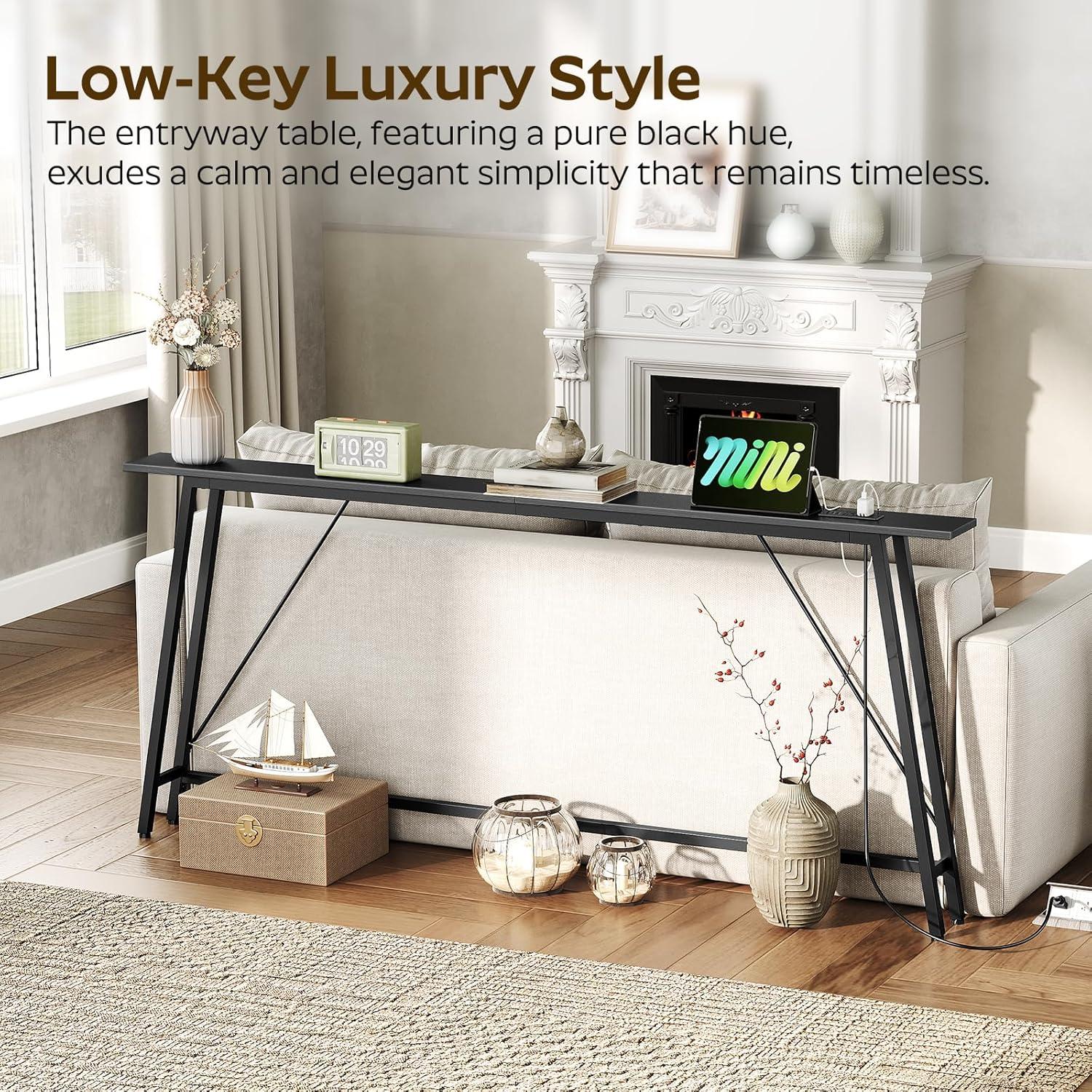 Black Metal and Wood Console Table with Power Outlets