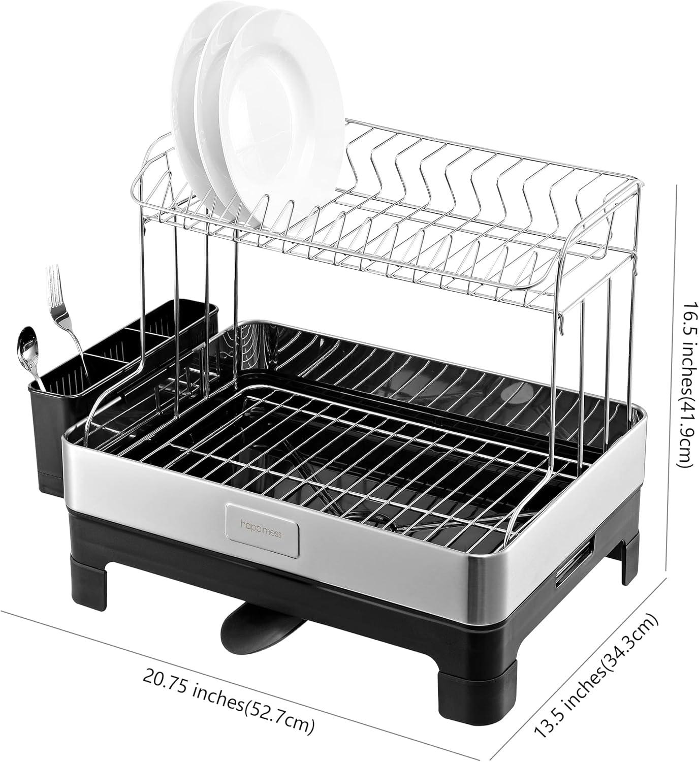 happimess Simple 20.75" Fingerprint-Proof Stainless Steel 2-Tier Dish Drying Rack with Swivel Spout Tray, Stainless Steel/Black