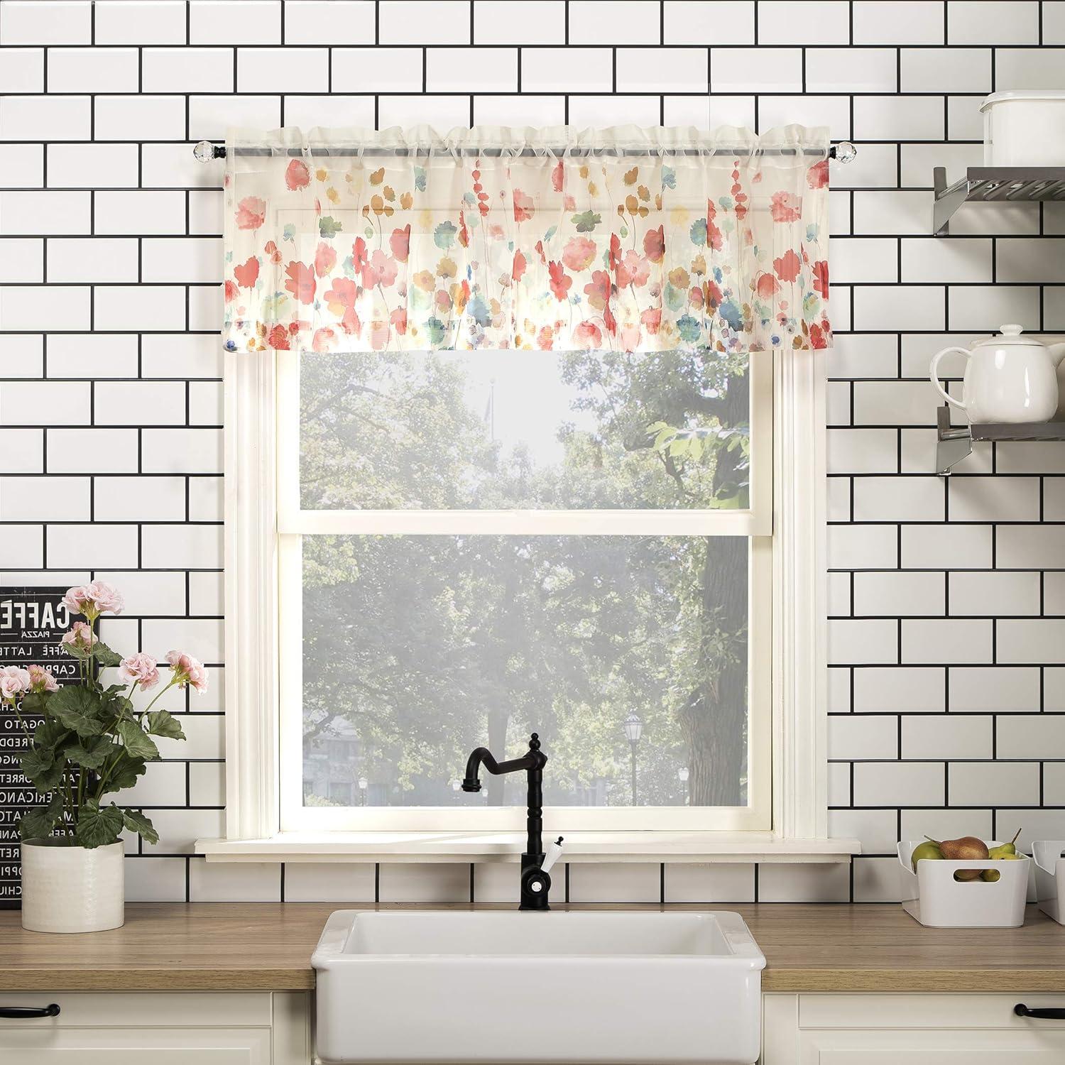 Rosalind Watercolor Floral Semi-Sheer Rod Pocket Kitchen Curtain Valance and Tiers Set Poppy Red - No. 918