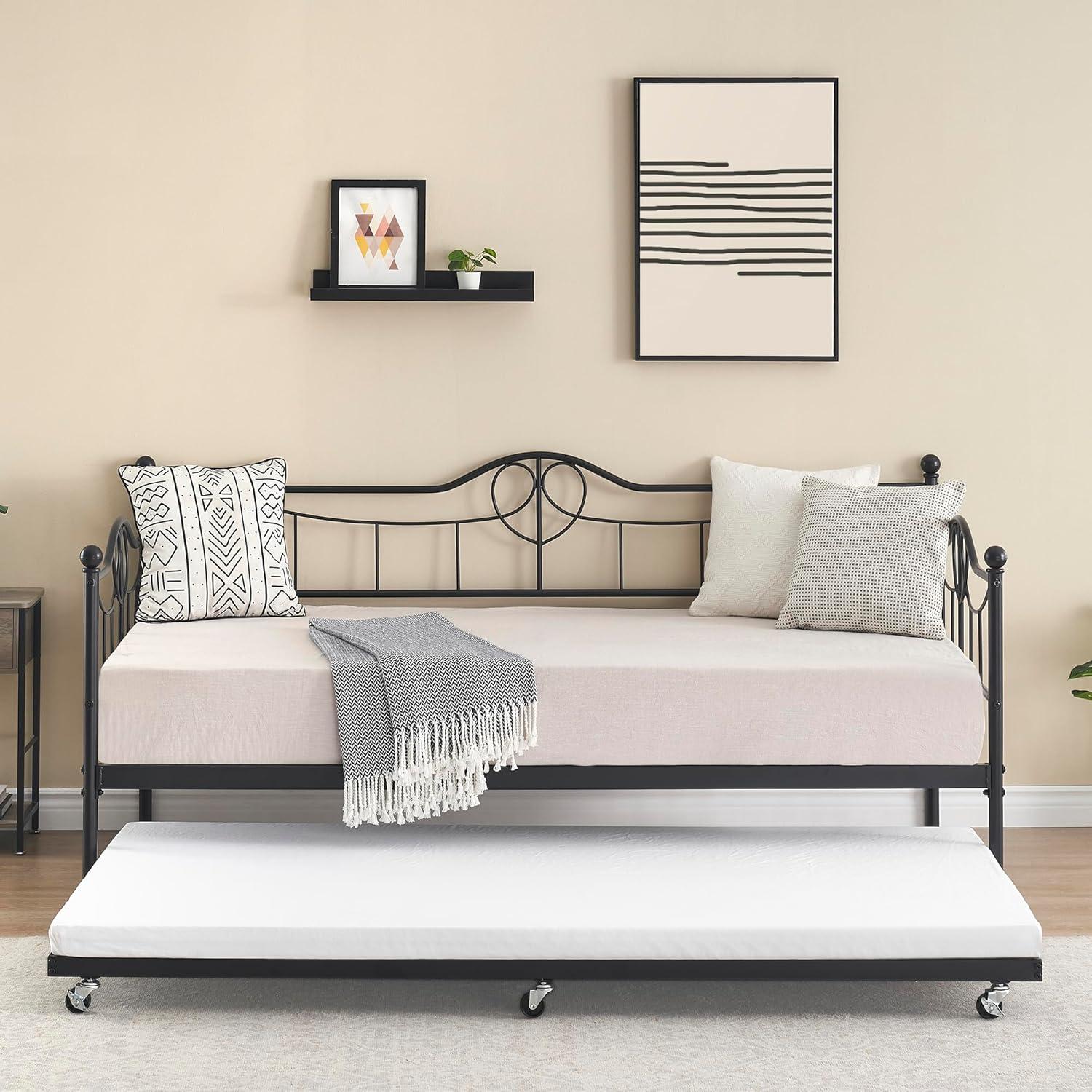 Twin Daybed with Trundle, Metal Day Beds Twin Size, Sofa Bed for Living Room and Guest Room, Black