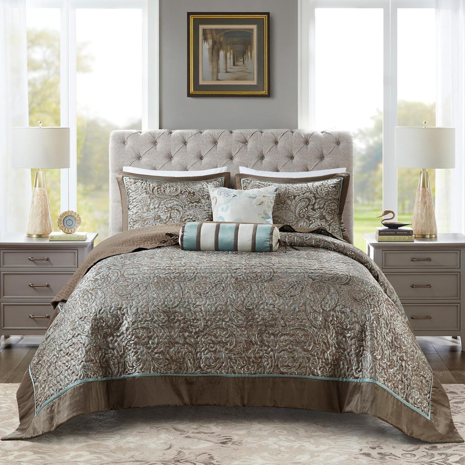 Madison Park 5pc King Whitman Reversible Jacquard Bedspread Set Blue: Embroidered, Traditional Style