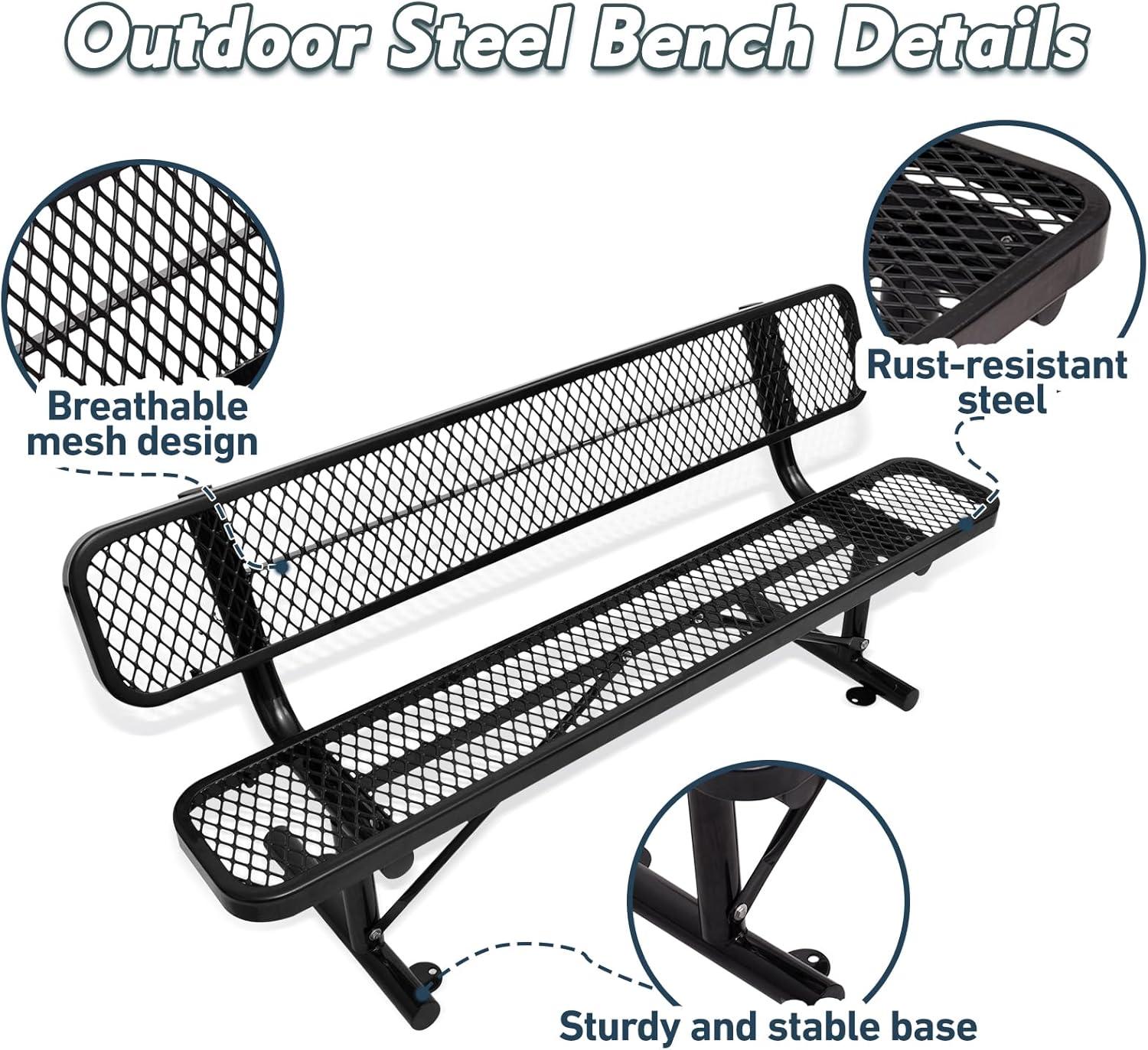 72'' Black Steel Outdoor Bench with Mesh Backrest