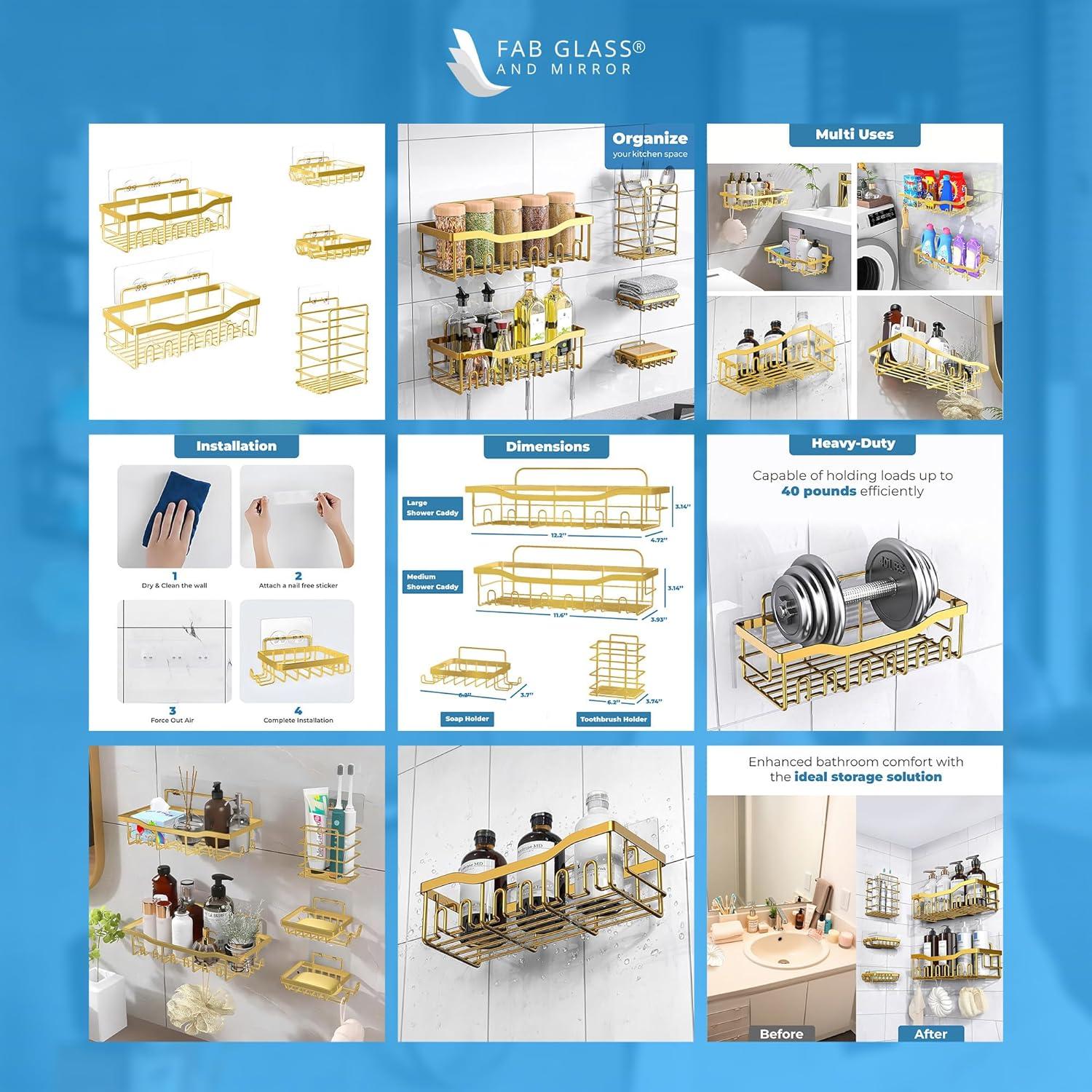 Fab Glass and Mirror 5-Pack Shower Caddy, Gold - Shower Organizer & Shelves for Efficient Storage, Bathroom Caddy for Wall Organizer, Durable Showers Wall Caddy