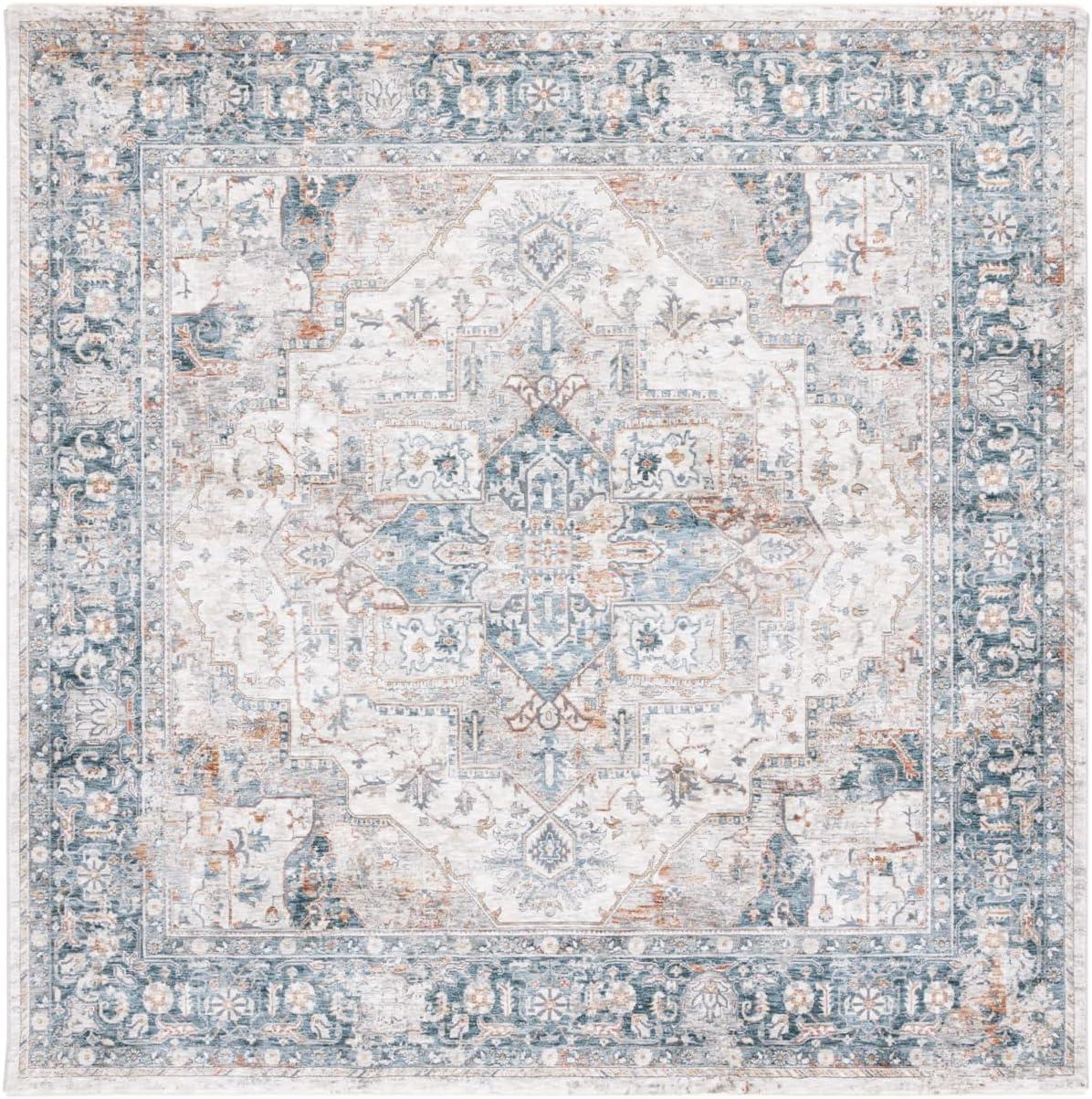 Ivory and Light Blue Square Hand-Knotted Wool Area Rug