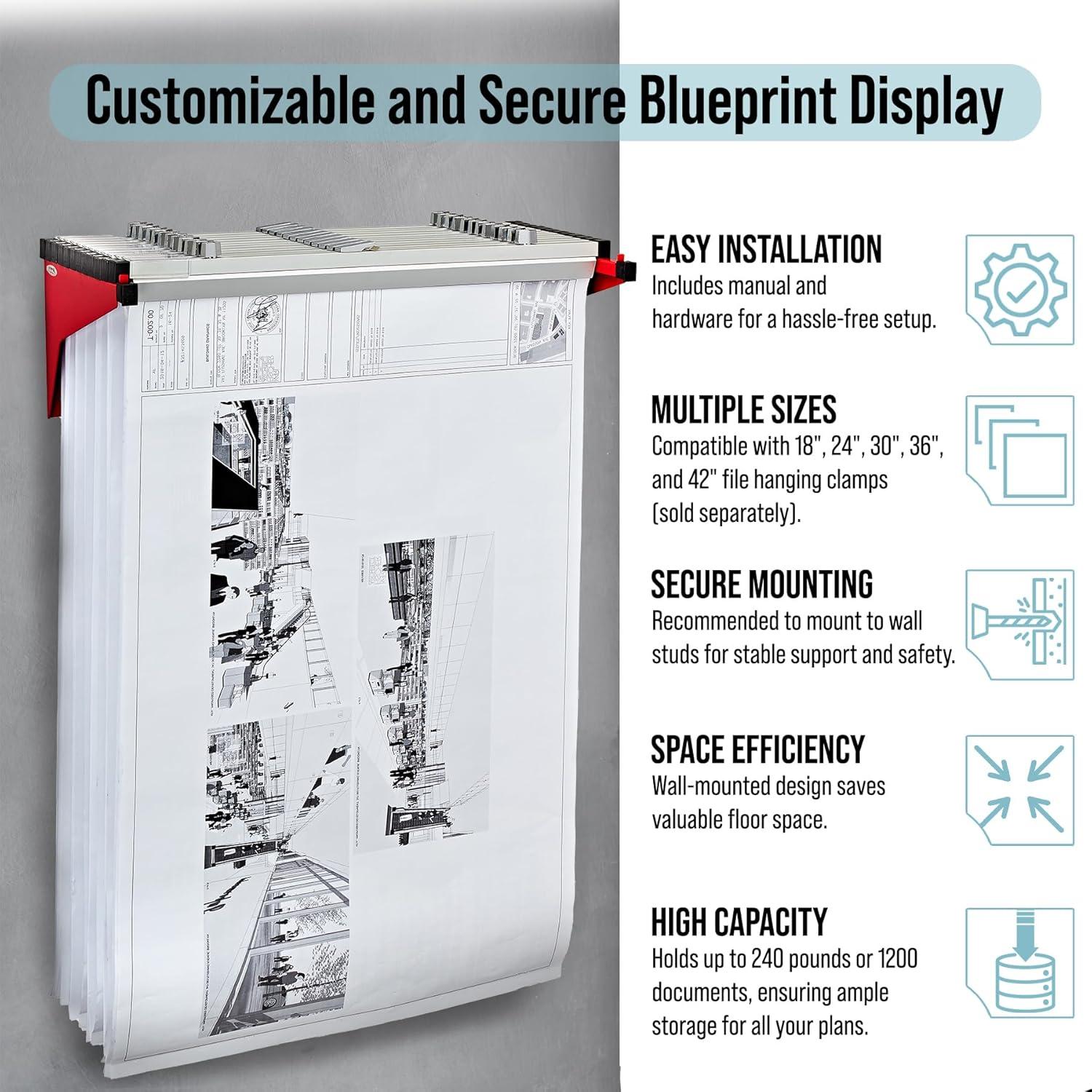 Red Steel Wall Mounted Blueprint Hanging File Rack