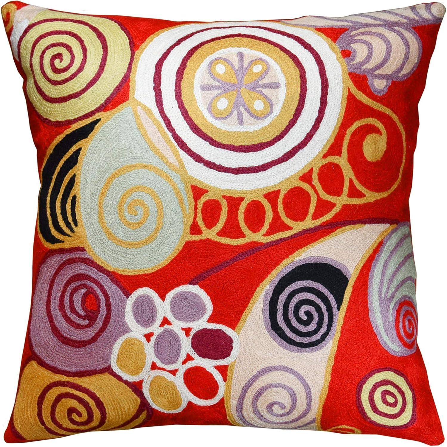 Bright Red Hand Embroidered Cotton Wool Euro Pillow Cover