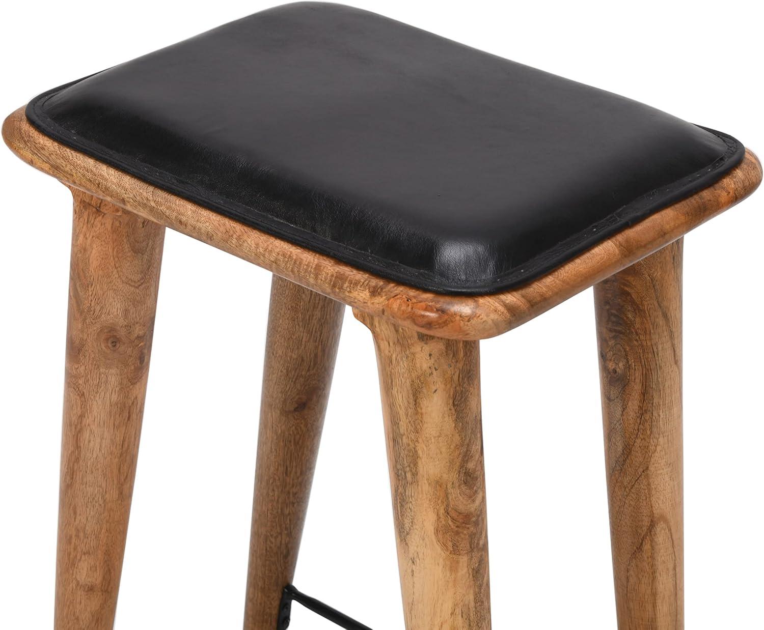 25 Inch Counter Height Bar Stool, Genuine Leather Seat, Mango Wood Frame, Black, Brown- Saltoro Sherpi