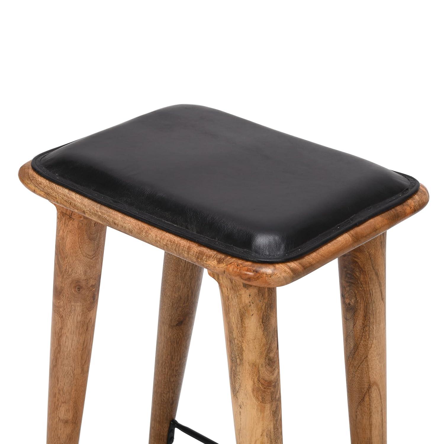 25 Inch Counter Height Bar Stool, Genuine Leather Seat, Mango Wood Frame, Black, Brown- Saltoro Sherpi