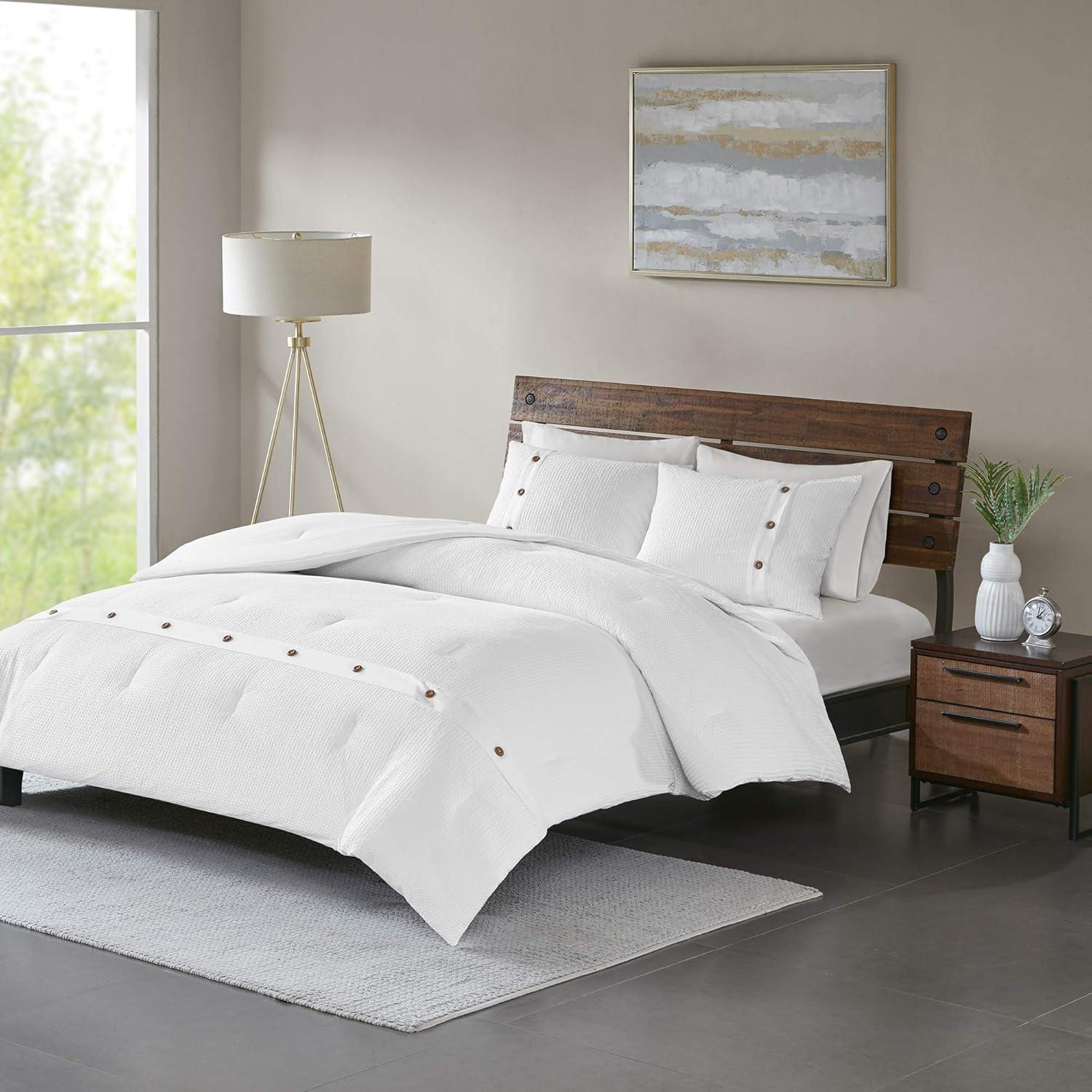 Elegant King Cotton Waffle Weave Comforter Set in White