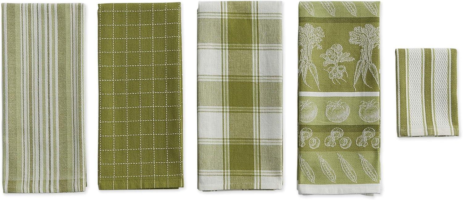 Contemporary Home Living Vegetables and Jacquard Kitchen Dishtowels - 28" - Green and White - Set of