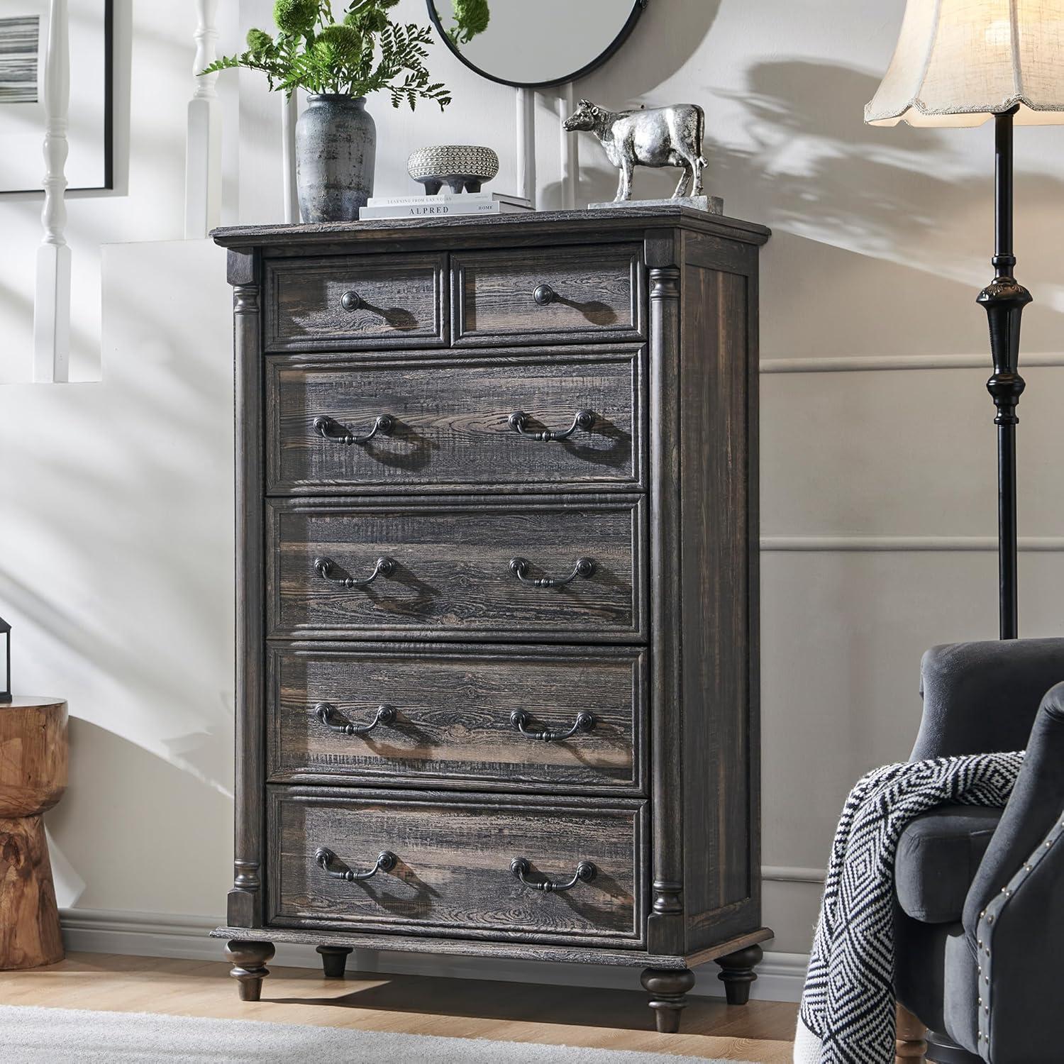 Dark Rustic Oak 6-Drawer Solid Wood Dresser Chest