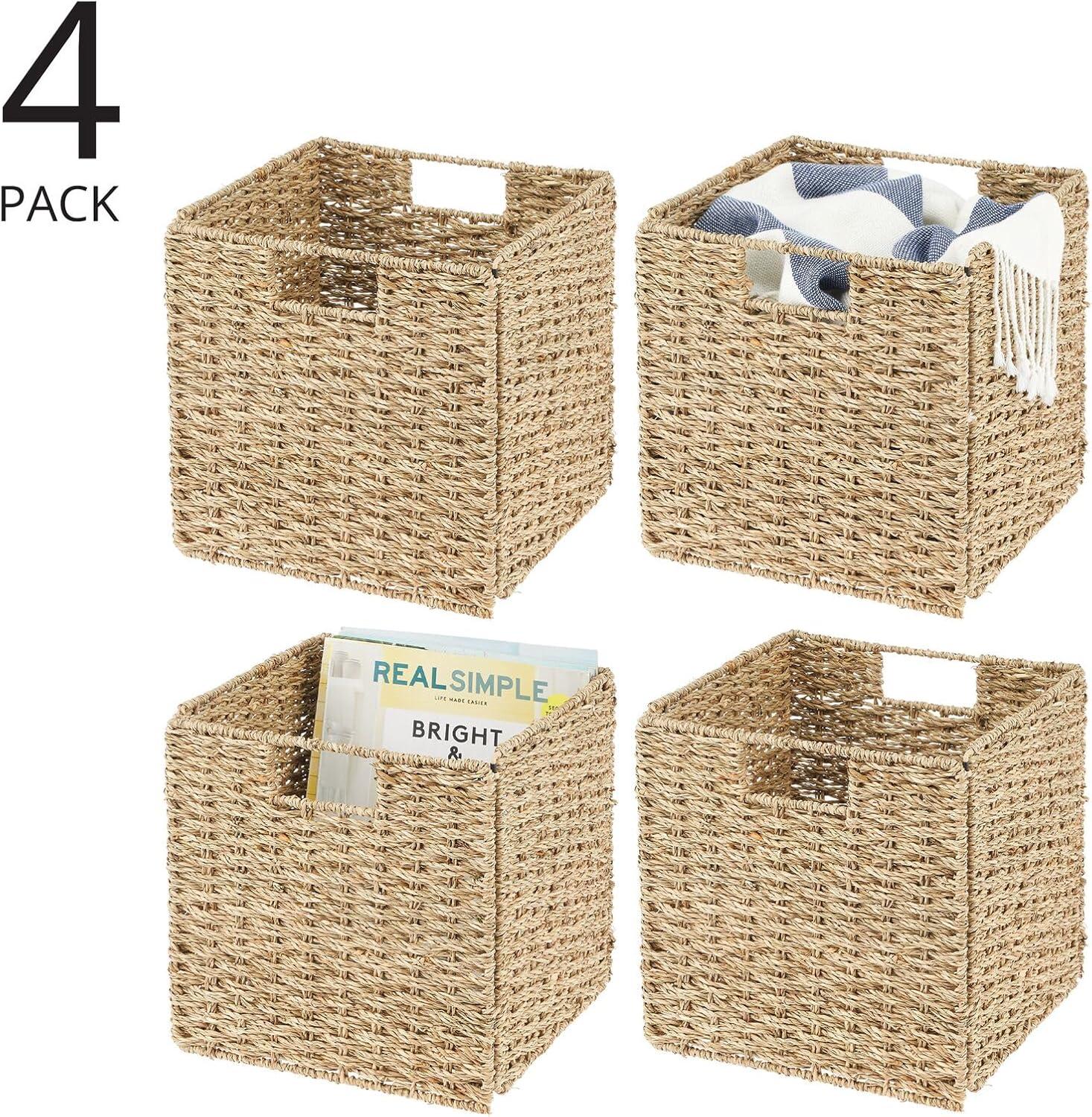 mDesign Seagrass Woven Cube Bin Basket Organizer, Handles (Set of 4)
