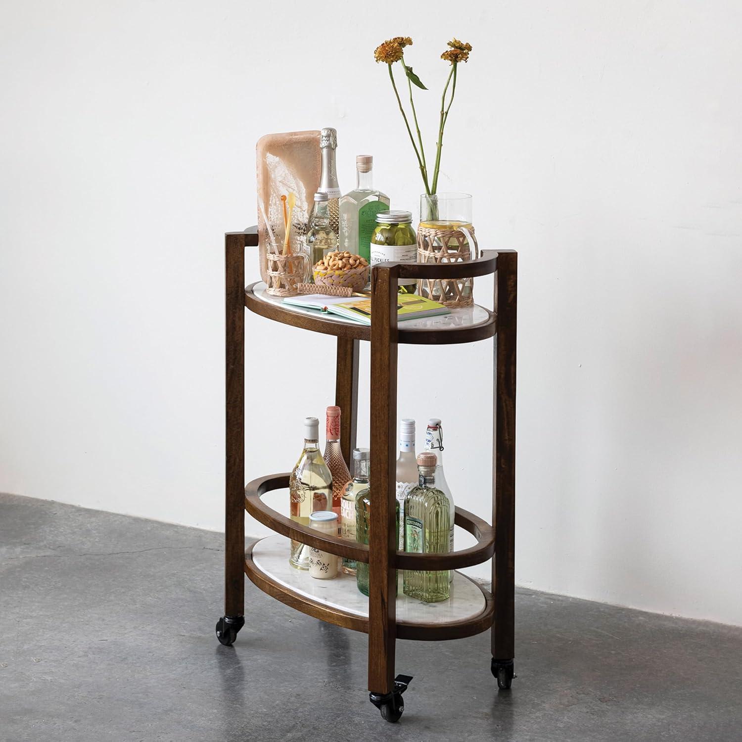 Walnut Finish and White Mango Wood and Marble 2-Tier Bar Cart