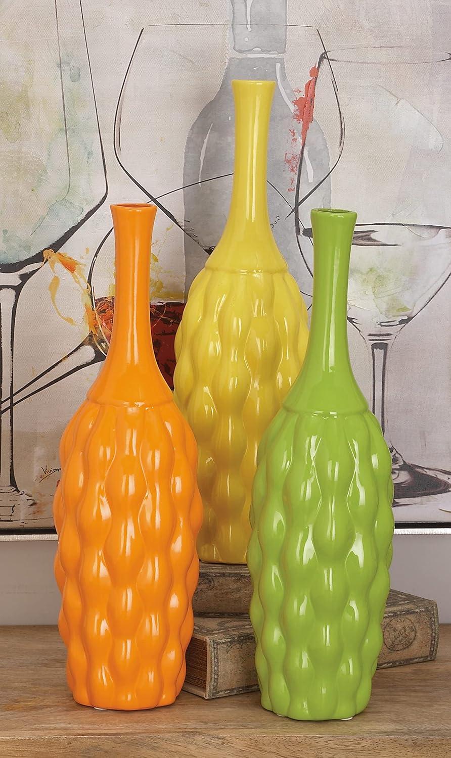 Coastal Charm 18" Trumpet Ceramic Vase Trio in Yellow, Orange, and Green