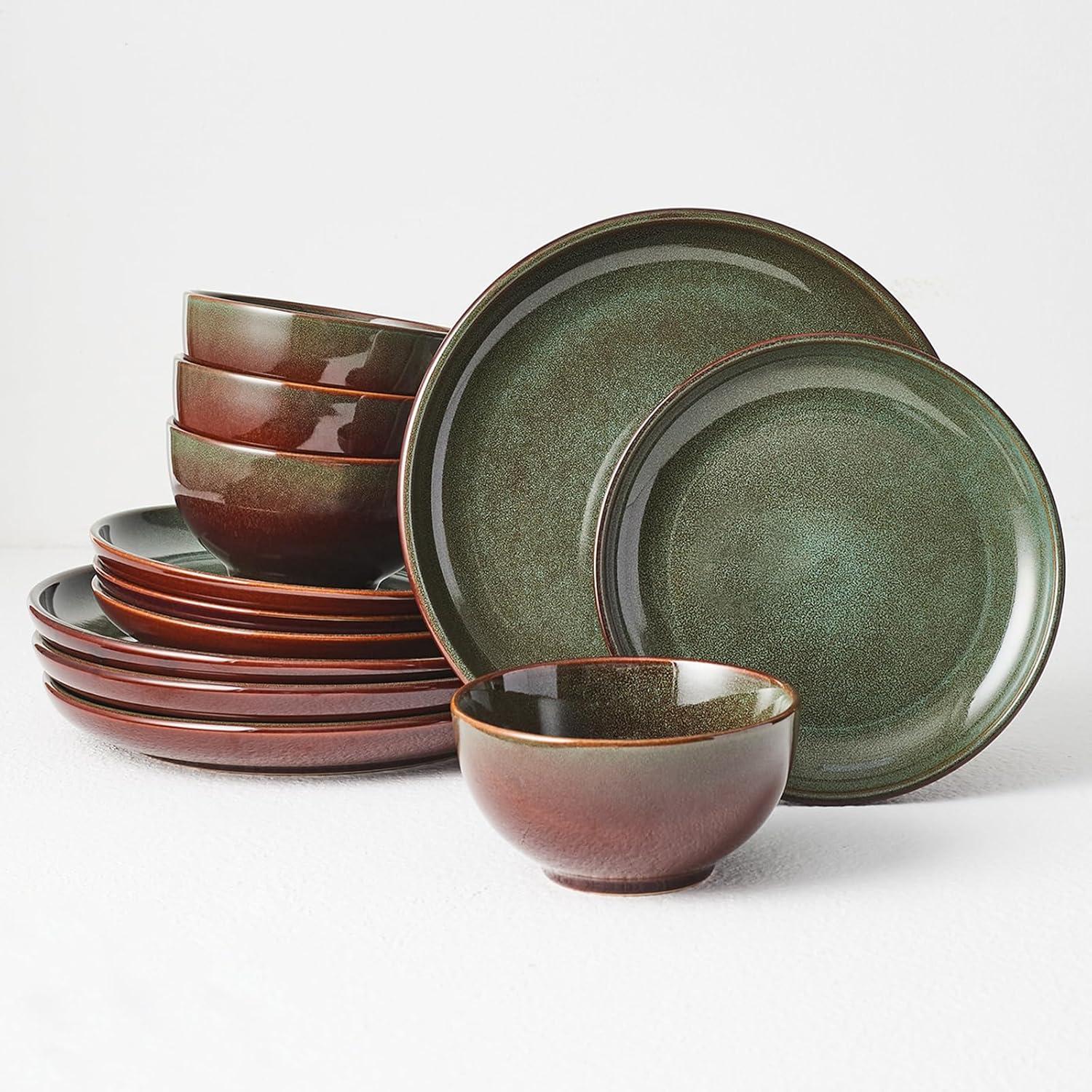 Orren Ellis Stoneware Dinnerware Sets Service For 4, 12 Pcs Reactive Glaze Plates And Bowls Sets, Handmade Ceramic Dish Set, Highly Chip And Crack Resistant Modern Plate Set, Sage Green