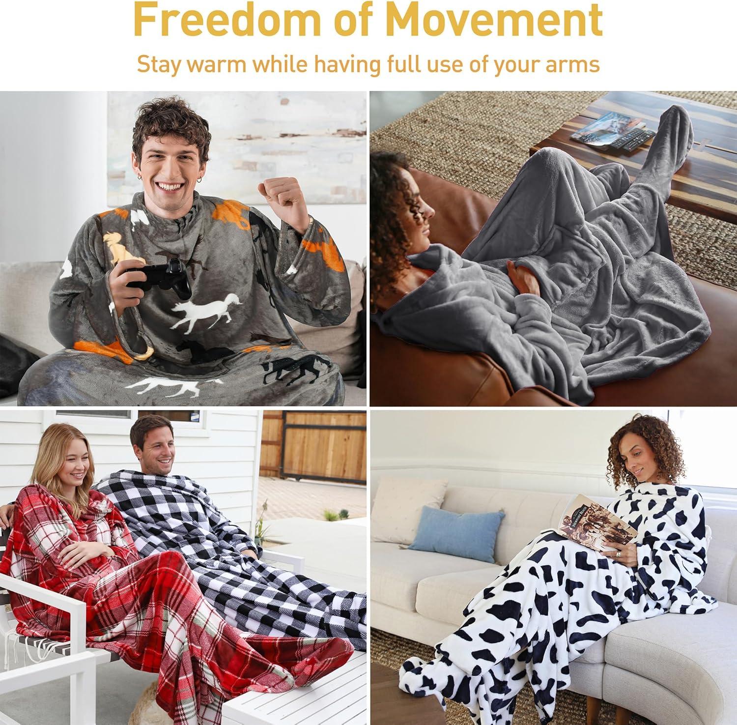 Catalonia Wearable Fleece Blanket with Sleeves & Foot pockets for Men Women, Plush Wrap Sleeved Throw Blanket