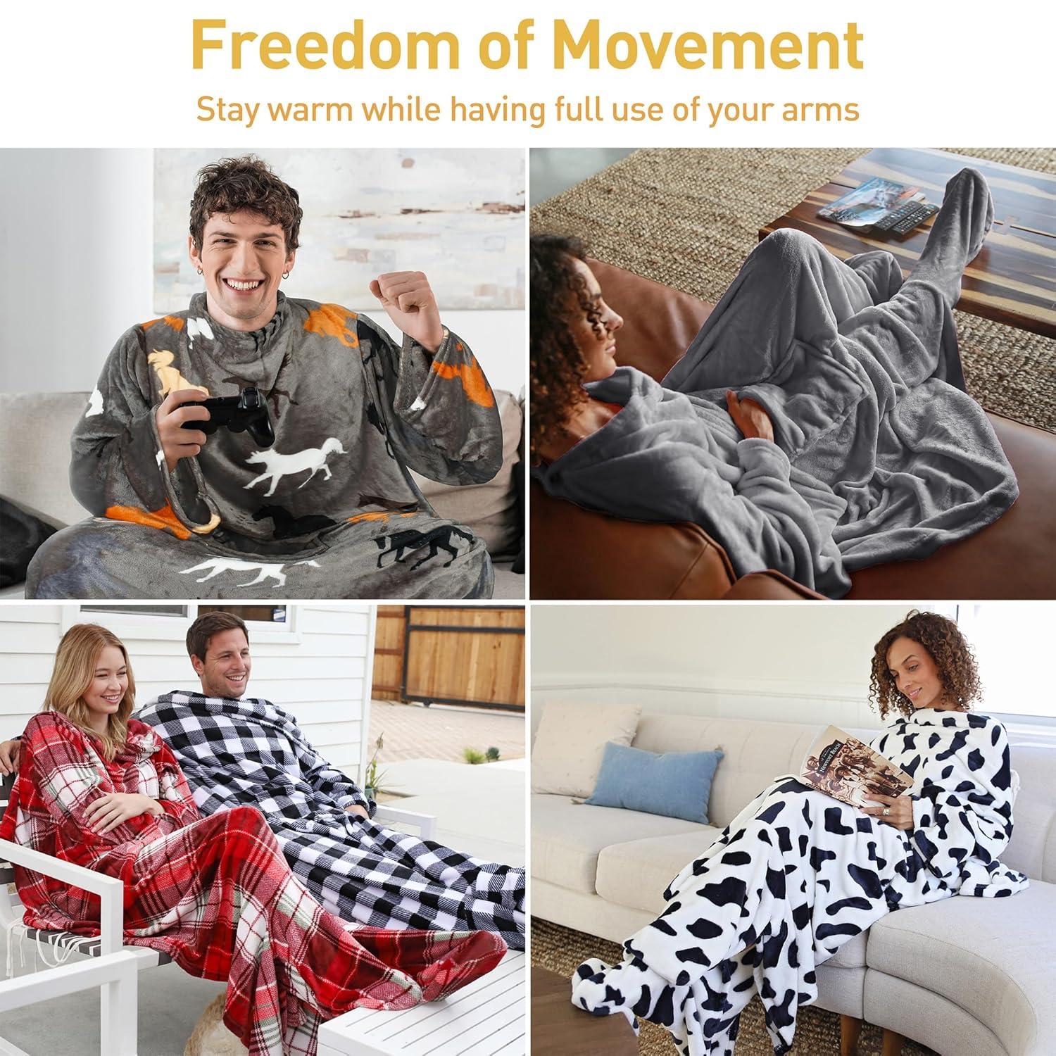 Catalonia Wearable Fleece Blanket with Sleeves & Foot pockets for Men Women, Plush Wrap Sleeved Throw Blanket