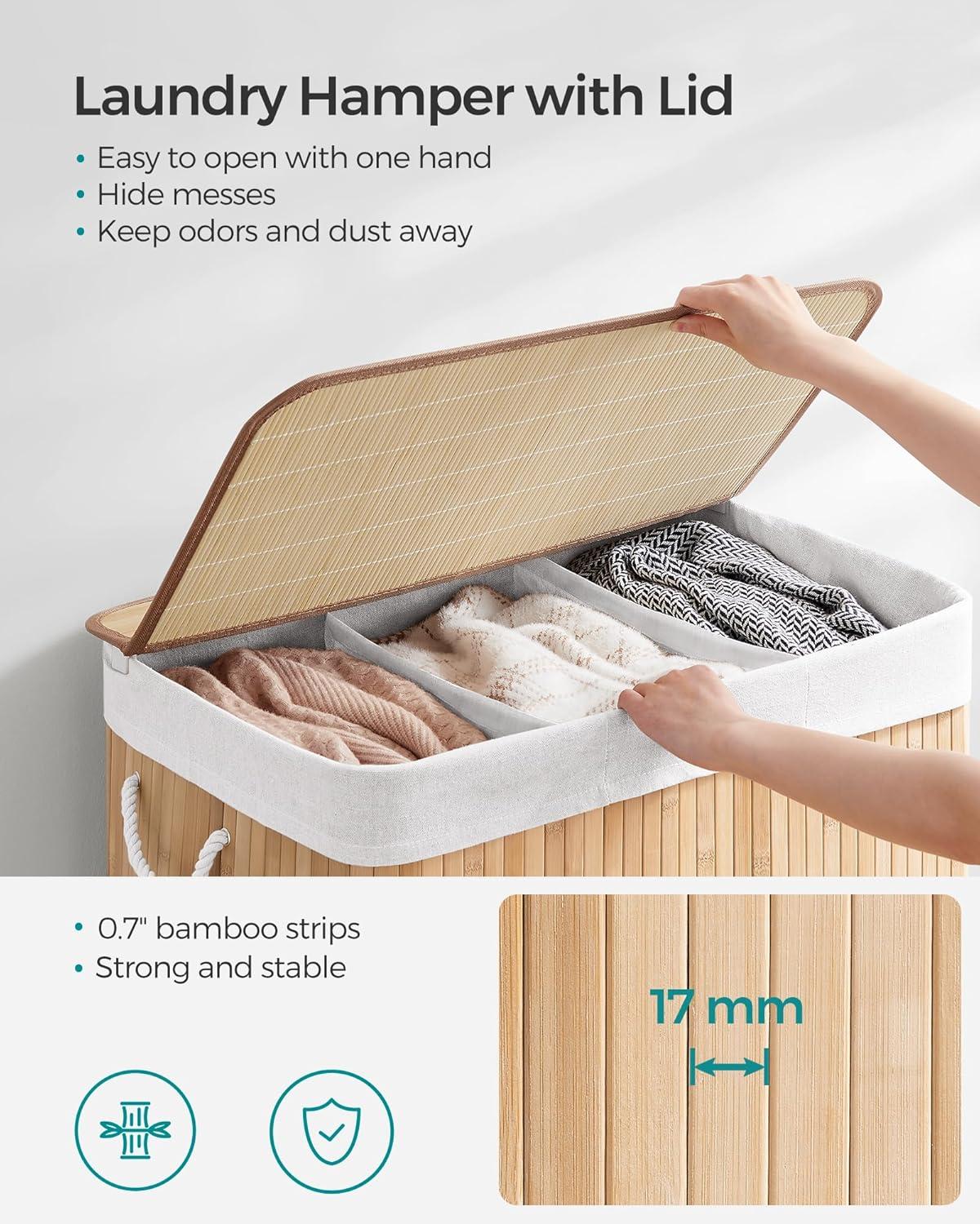 Natural Bamboo 3-Section Laundry Hamper with Lid