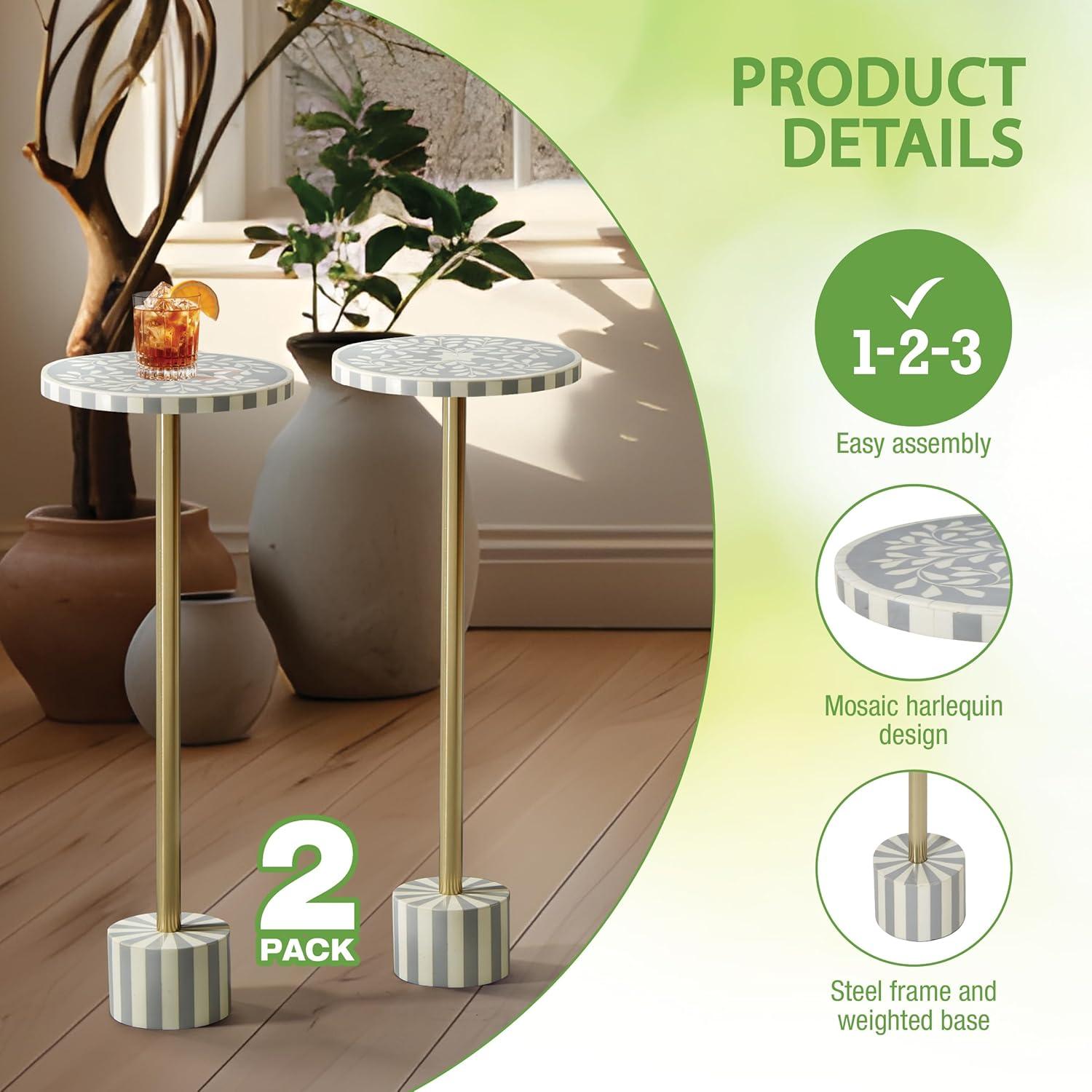 OSP Home Furnishings Round Side Table, Set of 2, Mosaic Black and White Top with Black Metal Base