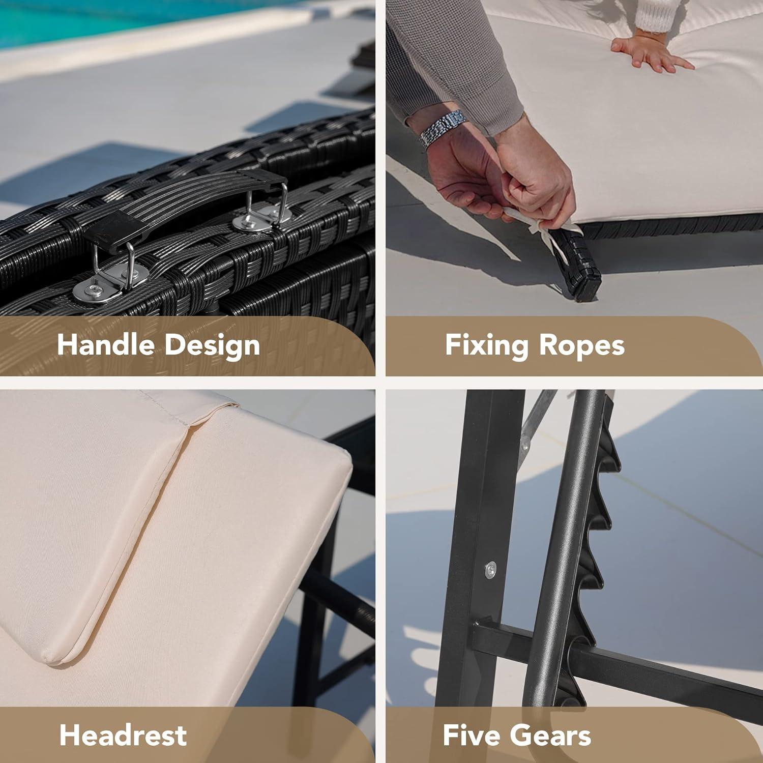 Devoko 3 Pieces Patio Lounge Chaise Chair Set Outdoor PE Rattan Folding Chair Sets with Table, Beige