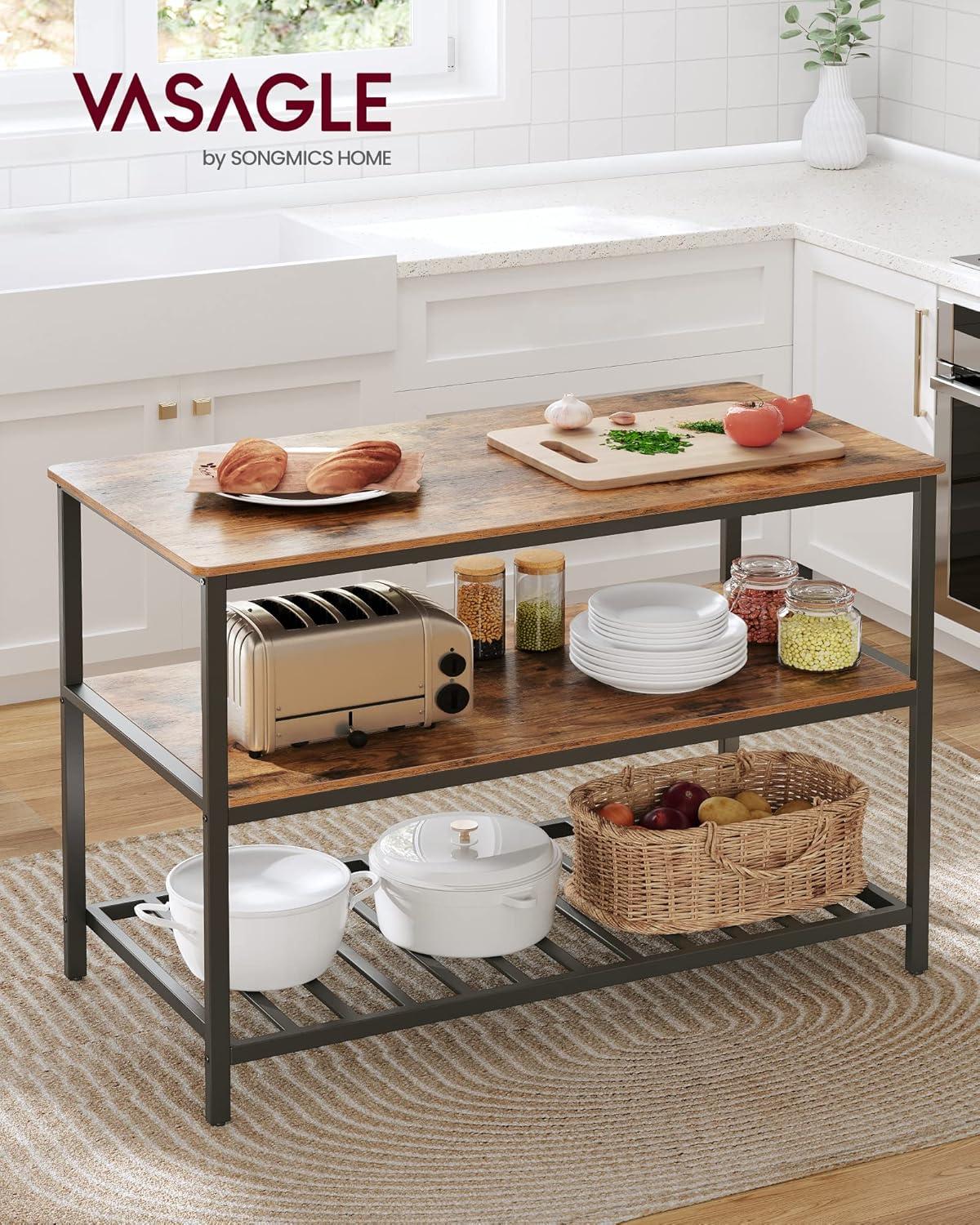 VASAGLE 47.2 Inches Kitchen Island with 3 Shelves Kitchen Storage Shelf Kitchen Baker’s Rack with Large Worktop