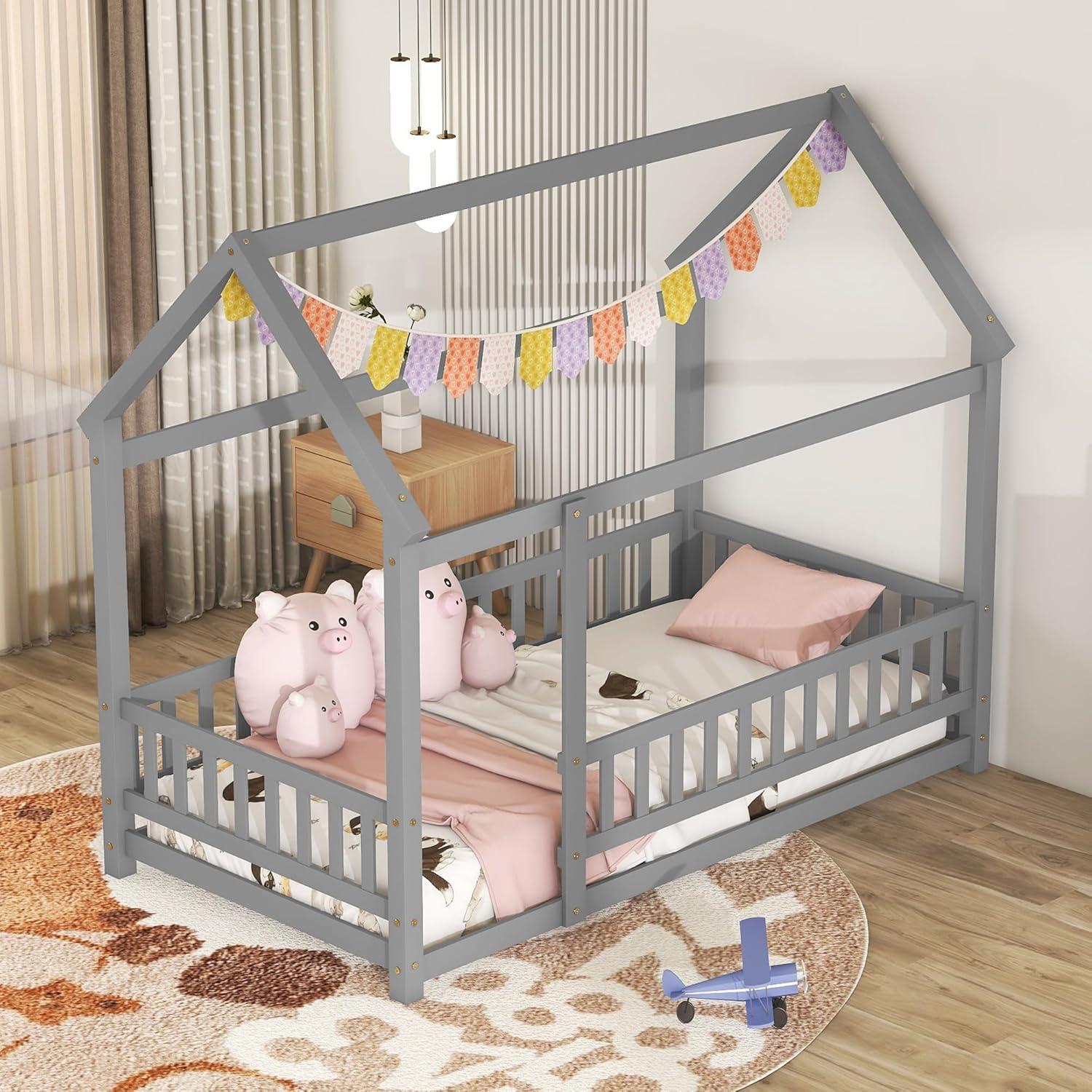 Twin Floor Bed for Kids, Wooden House Bed Frame with Roof, Fence Guardrails, Montessori Bed for Toddlers Girls Boys, Gray