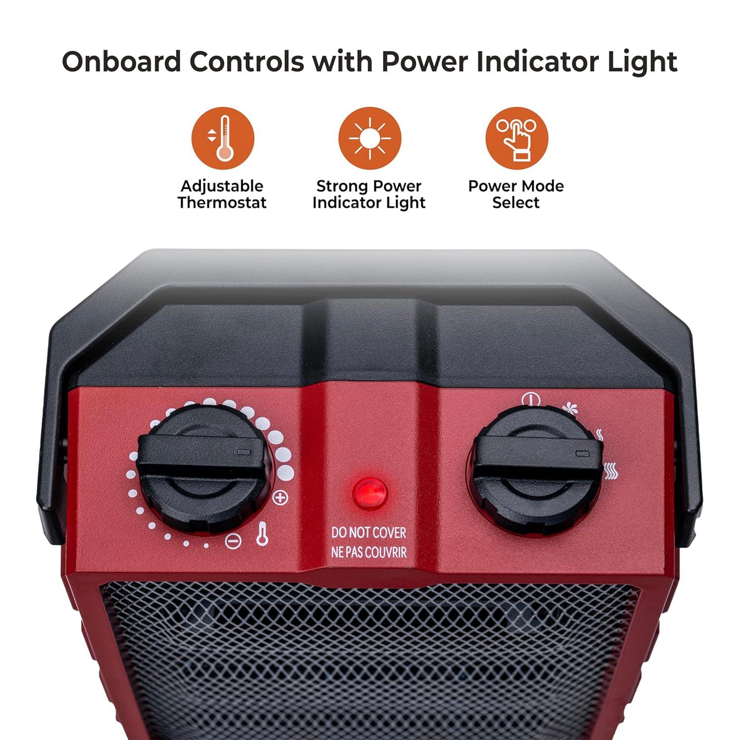 Comfort Zone Utility Space Heater with Foldable Handle for Indoor Use, Adjustable Thermostat, Fan Only Setting, Safety Tip-Over Switch & Overheat Protection