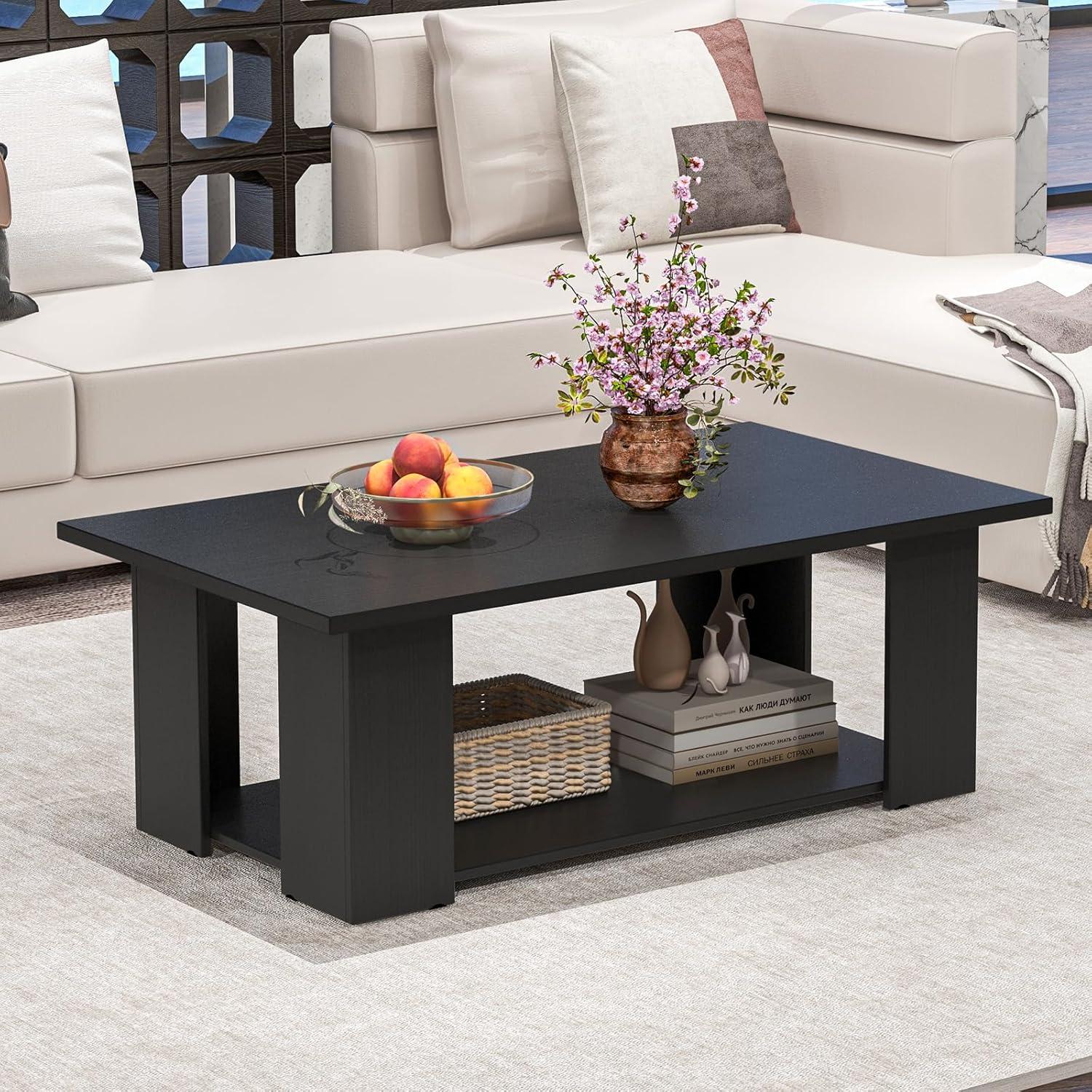 BuySphere Rectangle Wood Center Table, 41" L 2-Tier Large Modern Tea Table w/Open Compartment, Easy Assembly, Accent Coffee Table for Living Room, Reception Room, Black