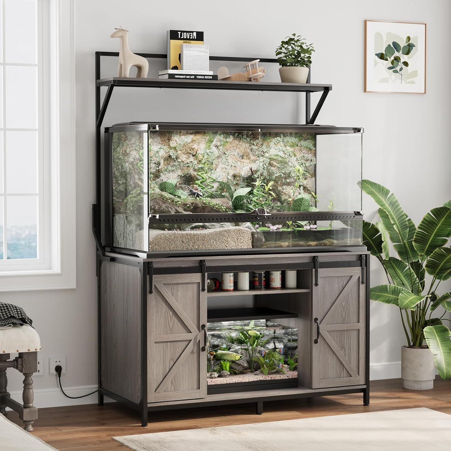 Gracie Oaks Siems Heavy Duty Aquarium Stand with Storage Cabinet, Farmhouse Reptile Tank Stand with Power Outlet, 48" X 24" Tabletop Fits up to 120 Gallon Bearded Dragon Tank, Fish Tank Turtle Terrarium Stand