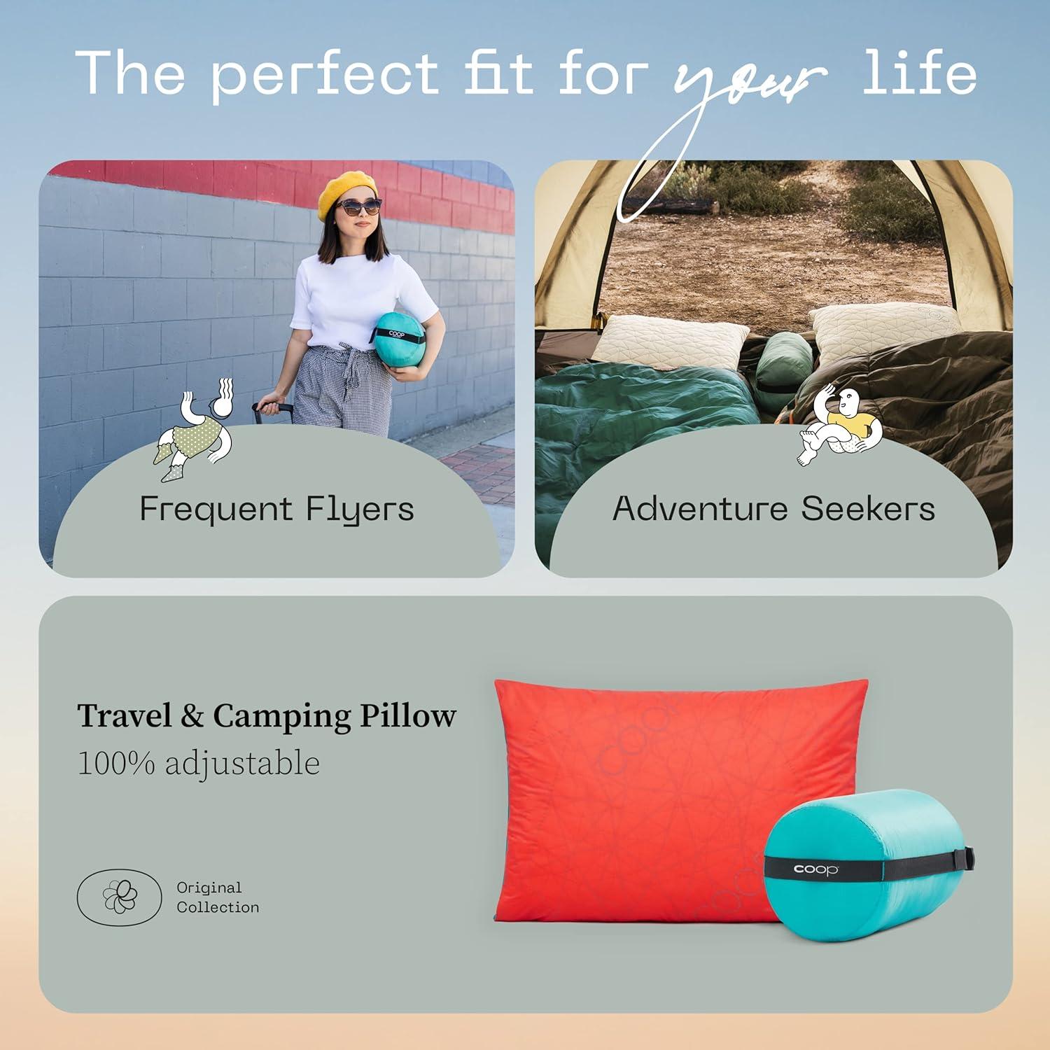 Coop Home Goods Adjustable Travel Pillow - 1 Camping Pillow and 1 Grey Pillowcase Bundle w/ Compressible Stuff Sack