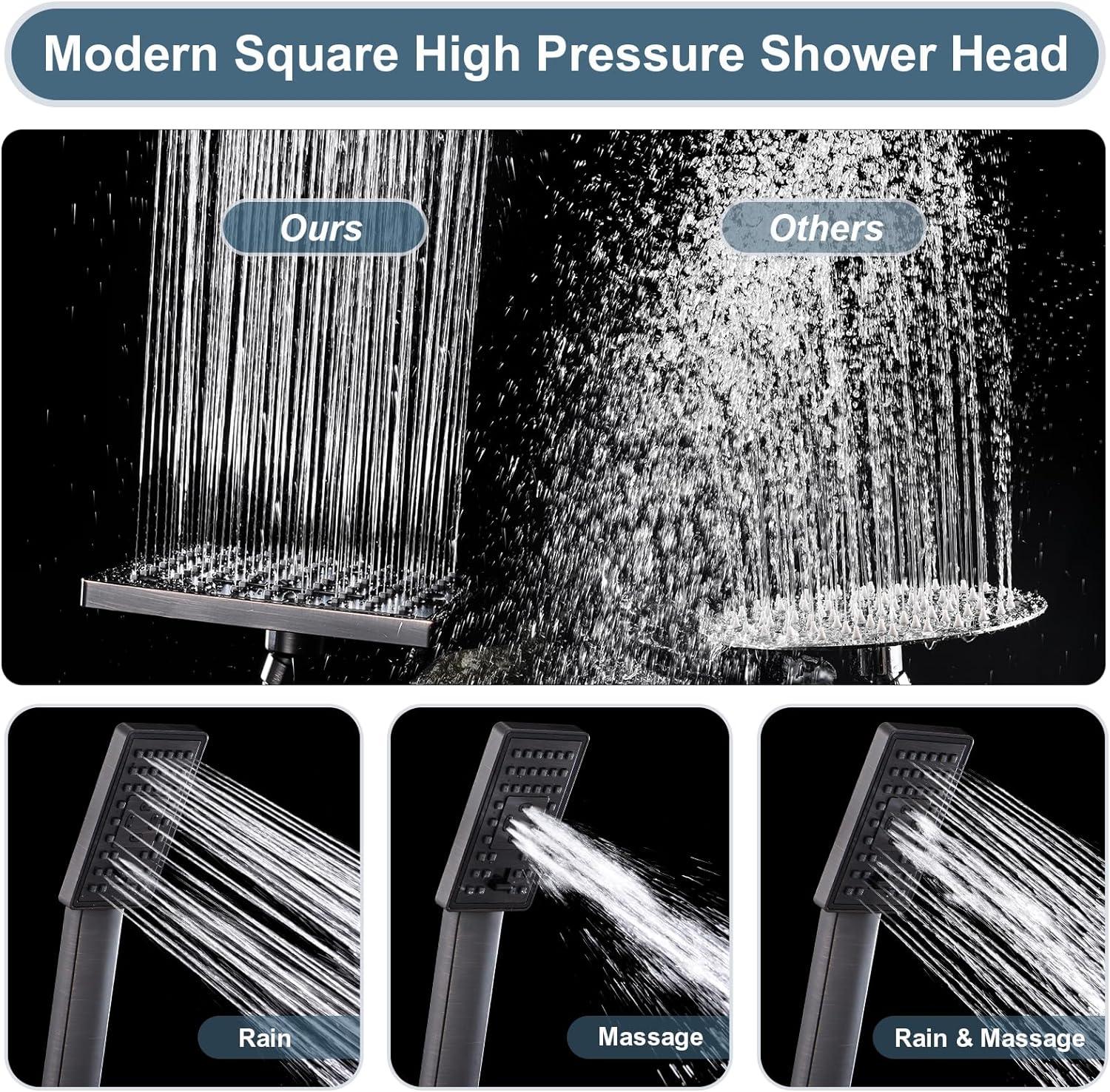 BRIGHT SHOWERS Rain Shower Head with Handheld Spray 5 ft. Shower Hose Combo Includes Wall Mount Suction Bracket 3-Way Water Diverter Mount (8 Inch Square, Oil Rubbed Bronze)