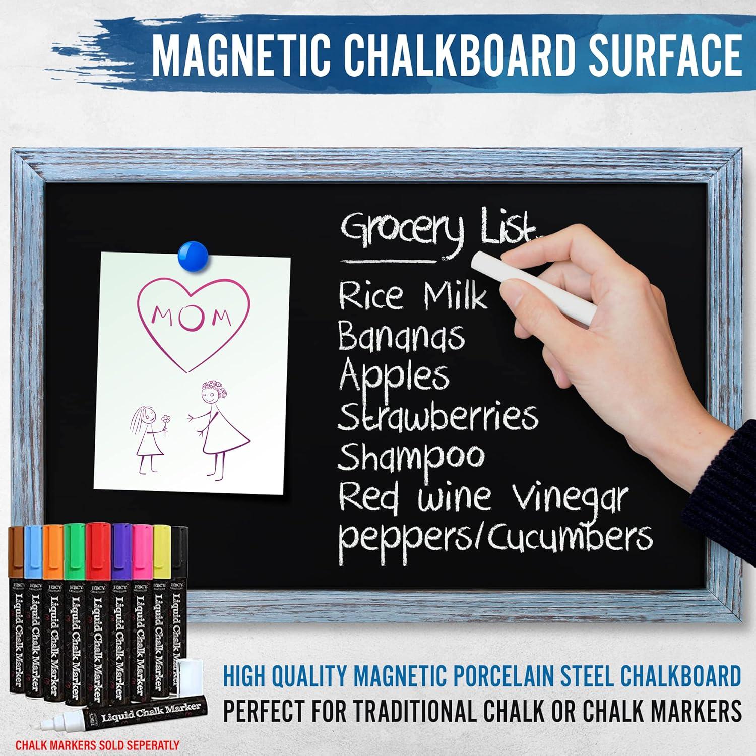HBCY Creations Rustic Blue Magnetic Wall Chalkboard, 18" x 24", Framed Decorative Chalkboard with Eraser - For Kitchen, Weddings, Restaurant Menus and More!