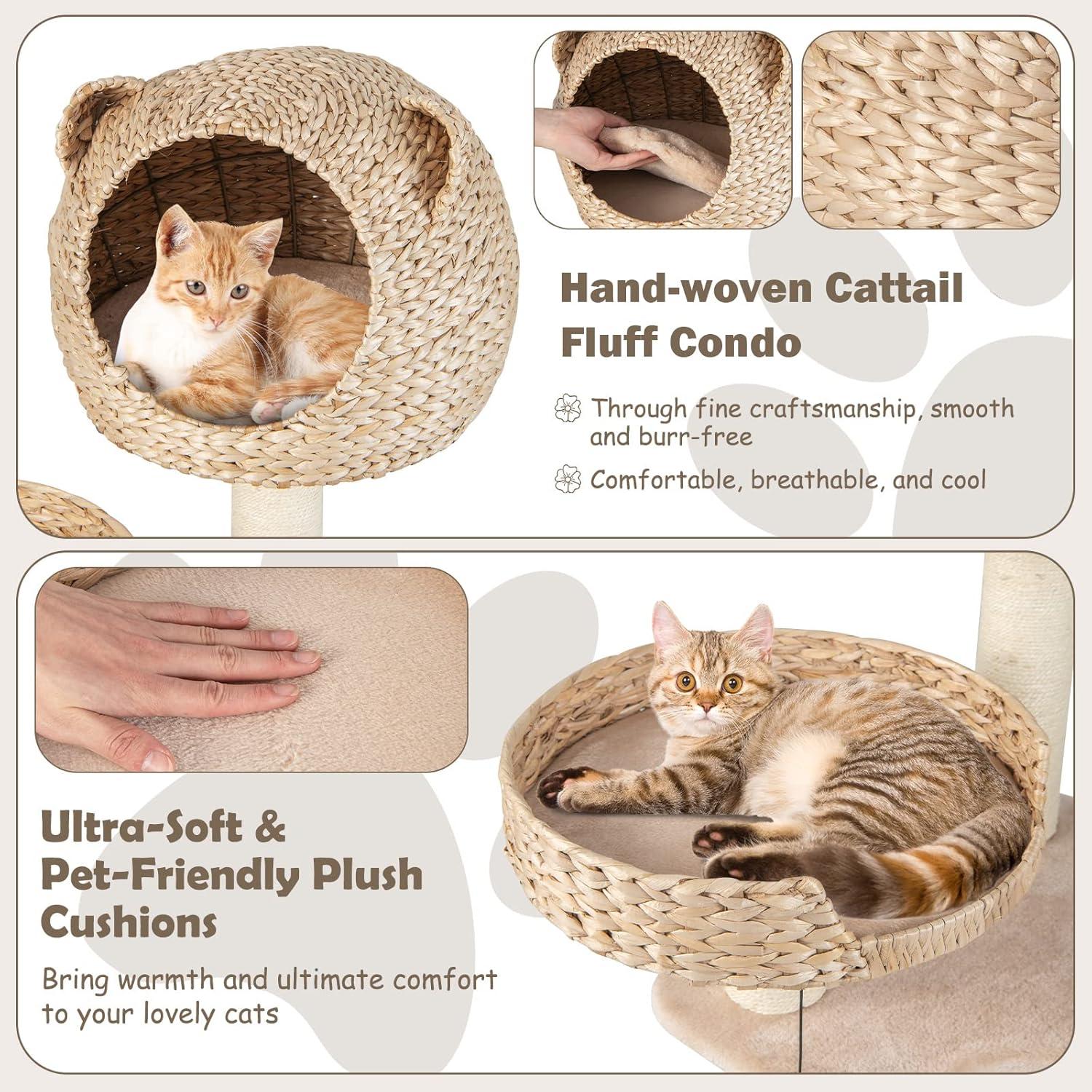 Giantex Wooden Cat Tree, 48 inches Cat Tower with Cattail Condo, Cat Bed, Hammock, Rotatable Jingling Balls, Natural Sisal Scratching Posts, Removable Cushion, Multi-Level Kitten Activity Center