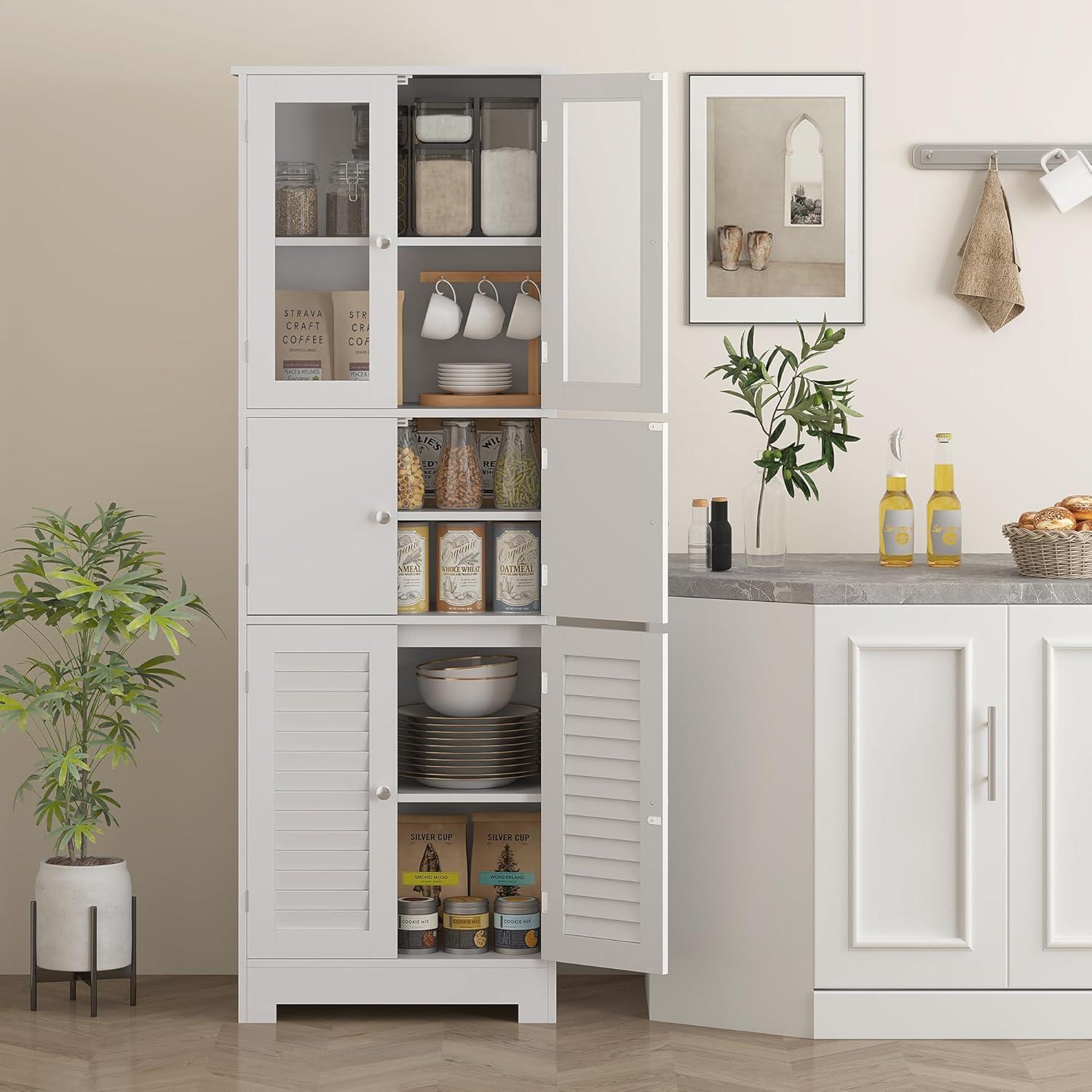 HOMCOM 67" Bathroom Cabinet with Glass/Louvred Doors, Tall Bathroom Storage Cabinet with Adjustable Shelf, White
