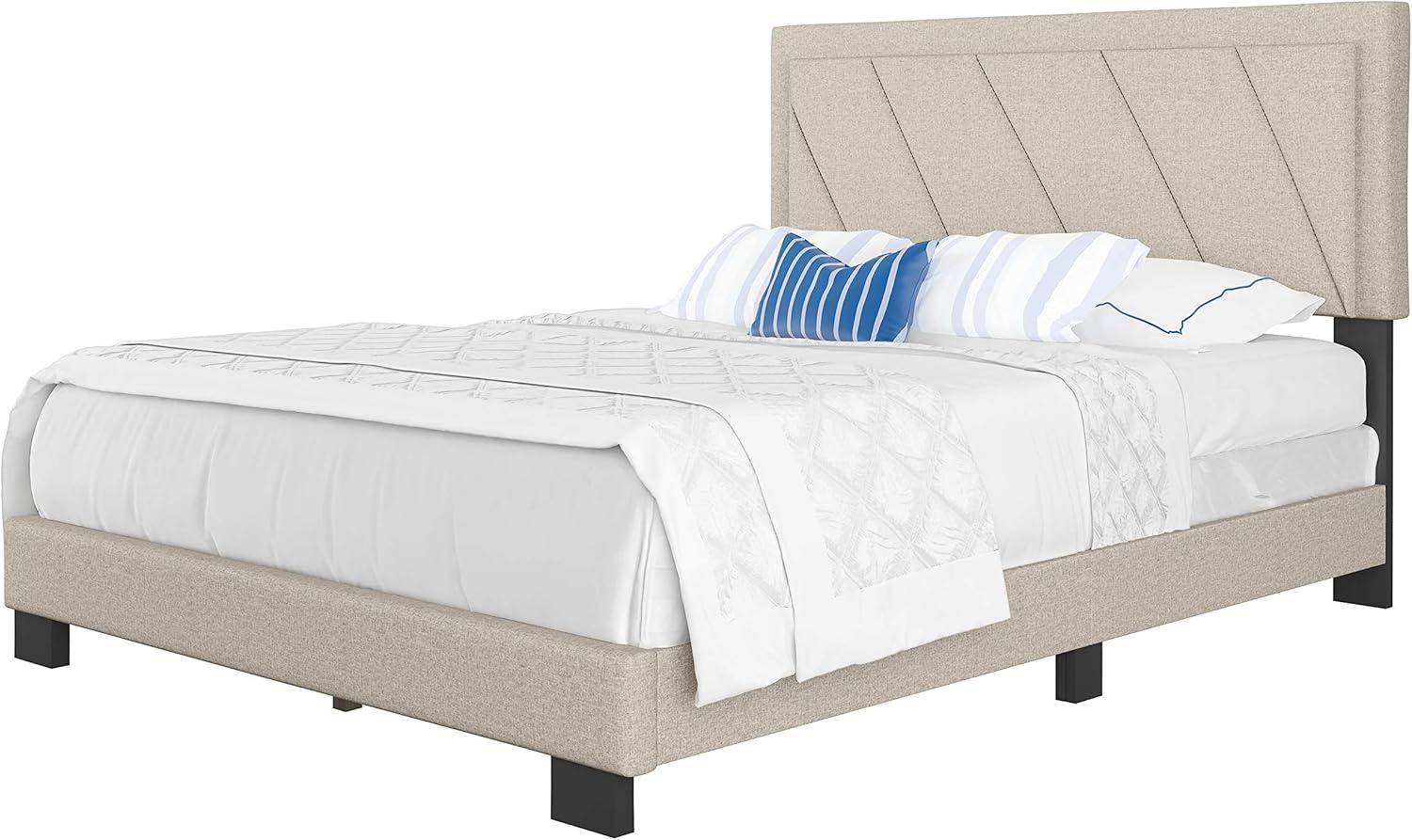 Diagonal Blue-Gray Linen Queen Platform Bed with Tufted Headboard