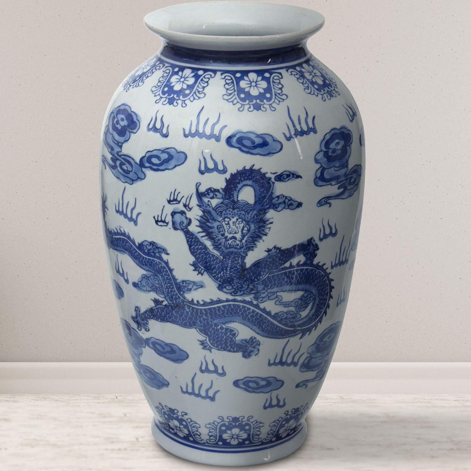 14" Dragon Blue & White Porcelain Tung Chi Vase