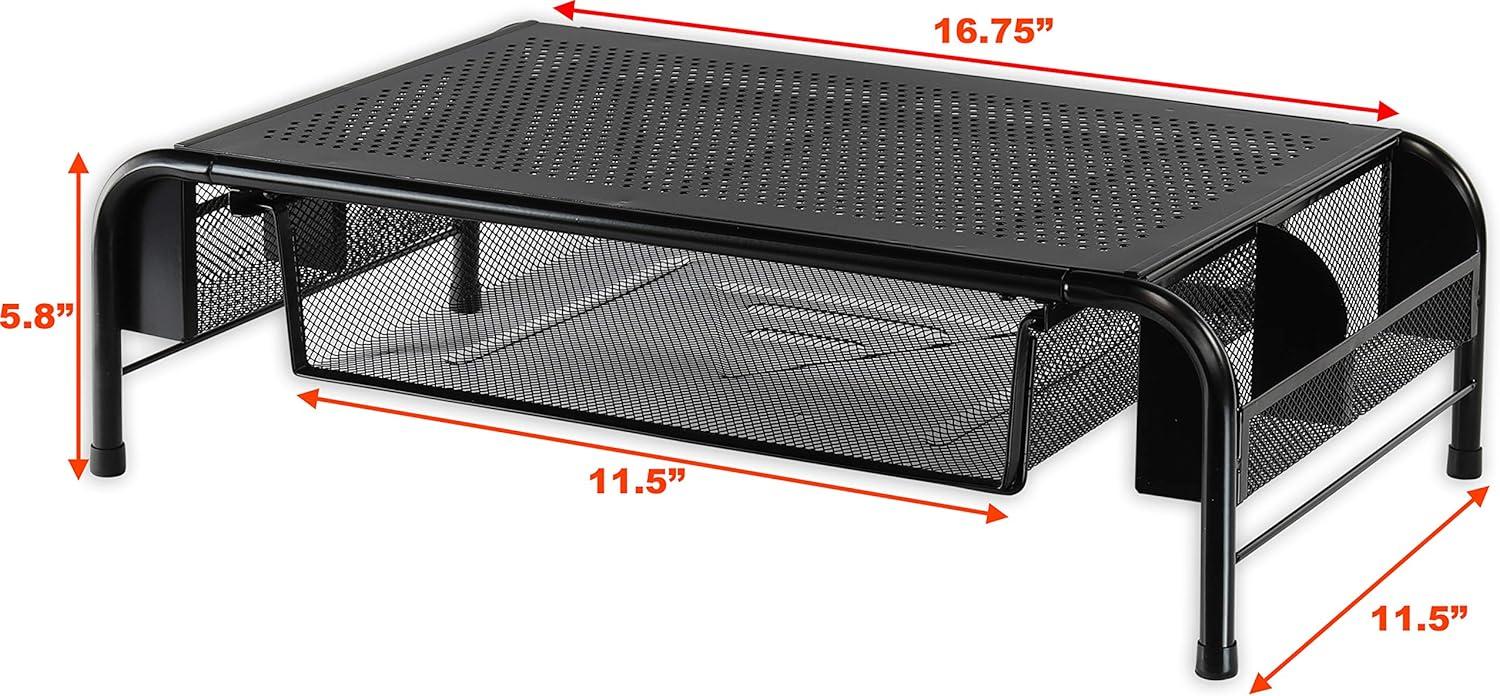 Black Metal Desk Monitor Stand Riser with Organizer Drawer