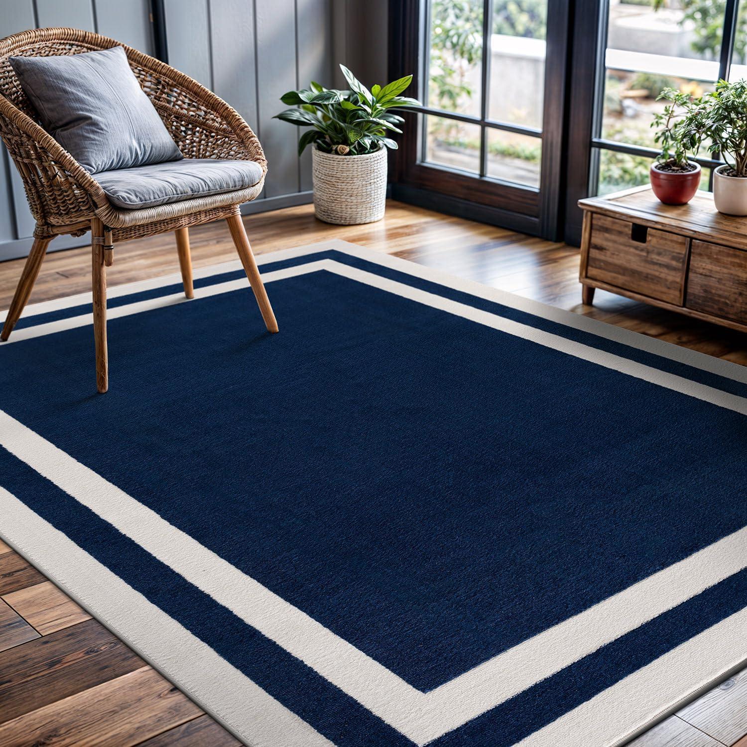 CAMILSON Crystal Navy Blue Area Rug, 6'7"x9' Bordered, for Living Room, Bedroom, Dining Room Navy Blue / Cream Indoor Area Rugs