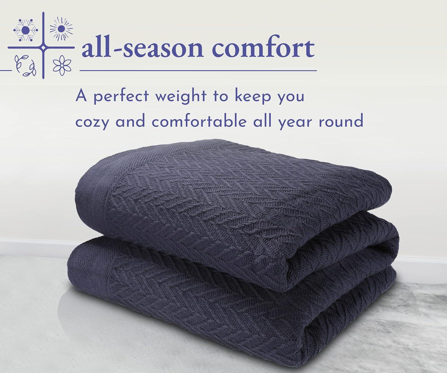 Bed Blanket | Soft 100% Cotton | Herringbone Design | All-Season Thermal Layering by California Design Den - Navy, Twin (62" x 94")
