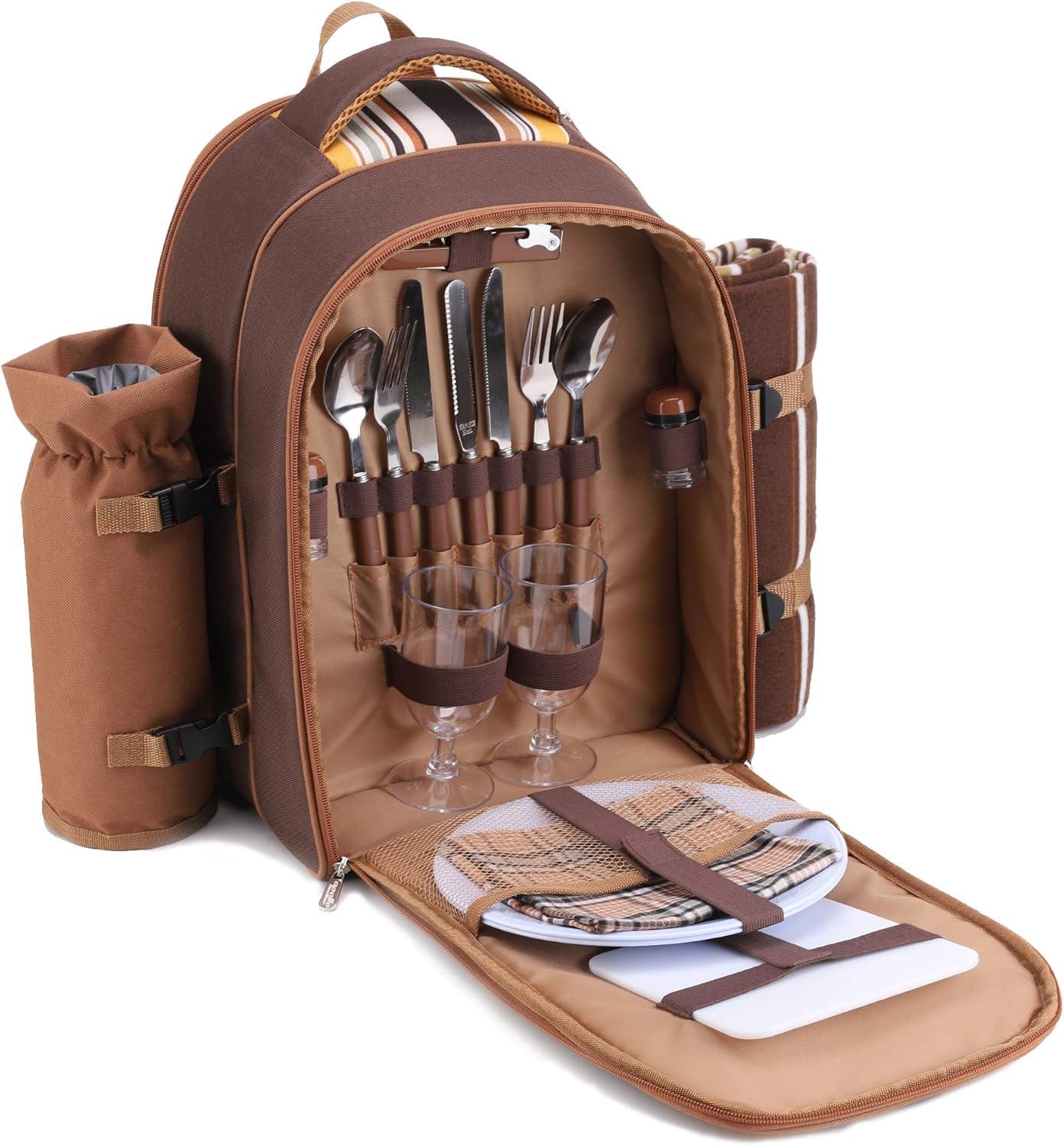 Brown Picnic Backpack for 2 with Cooler and Blanket