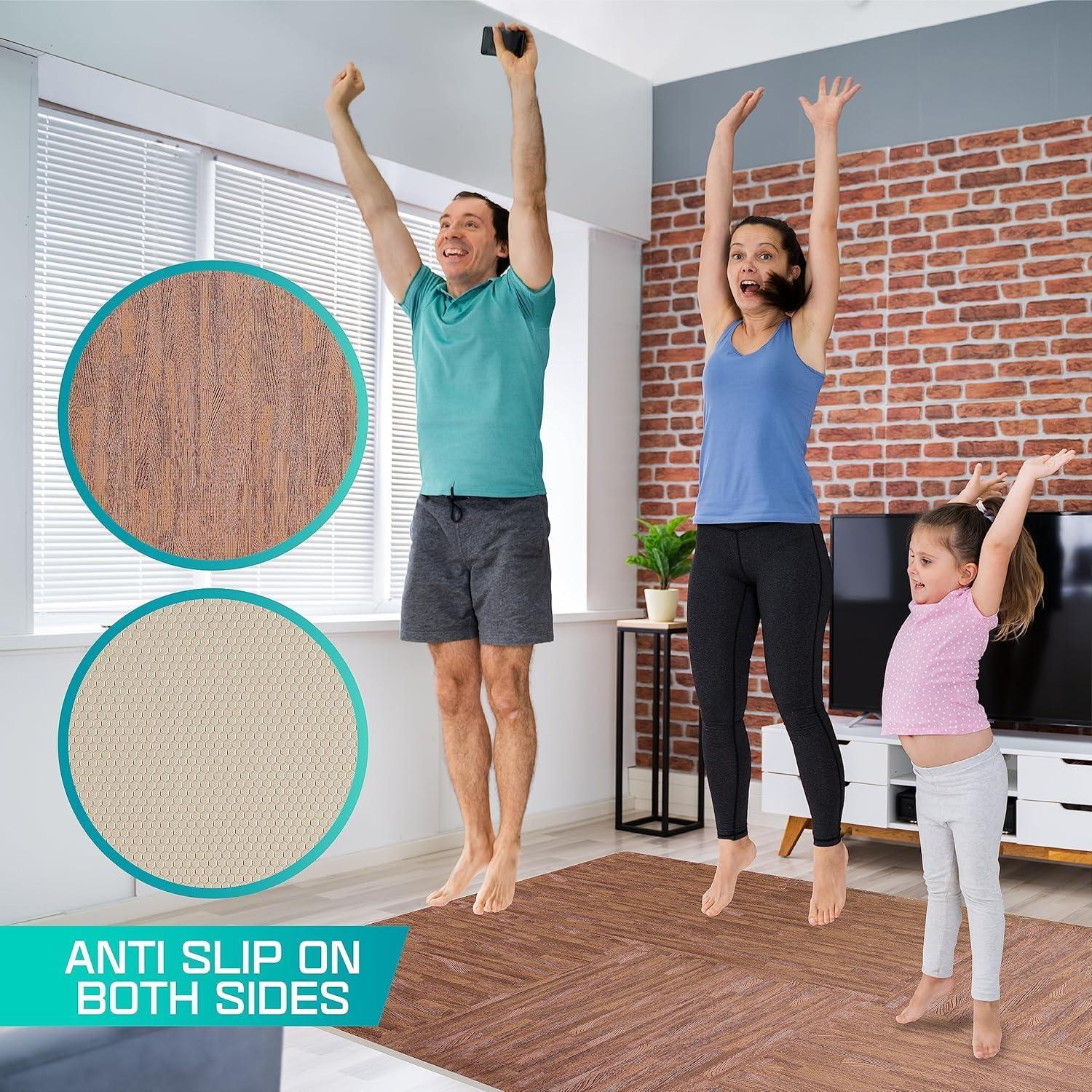 Yes4All 12 pcs Interlocking Exercise Foam Mats, Cover 48 sqft, 3/8 inch, Oak Wood Dark Color