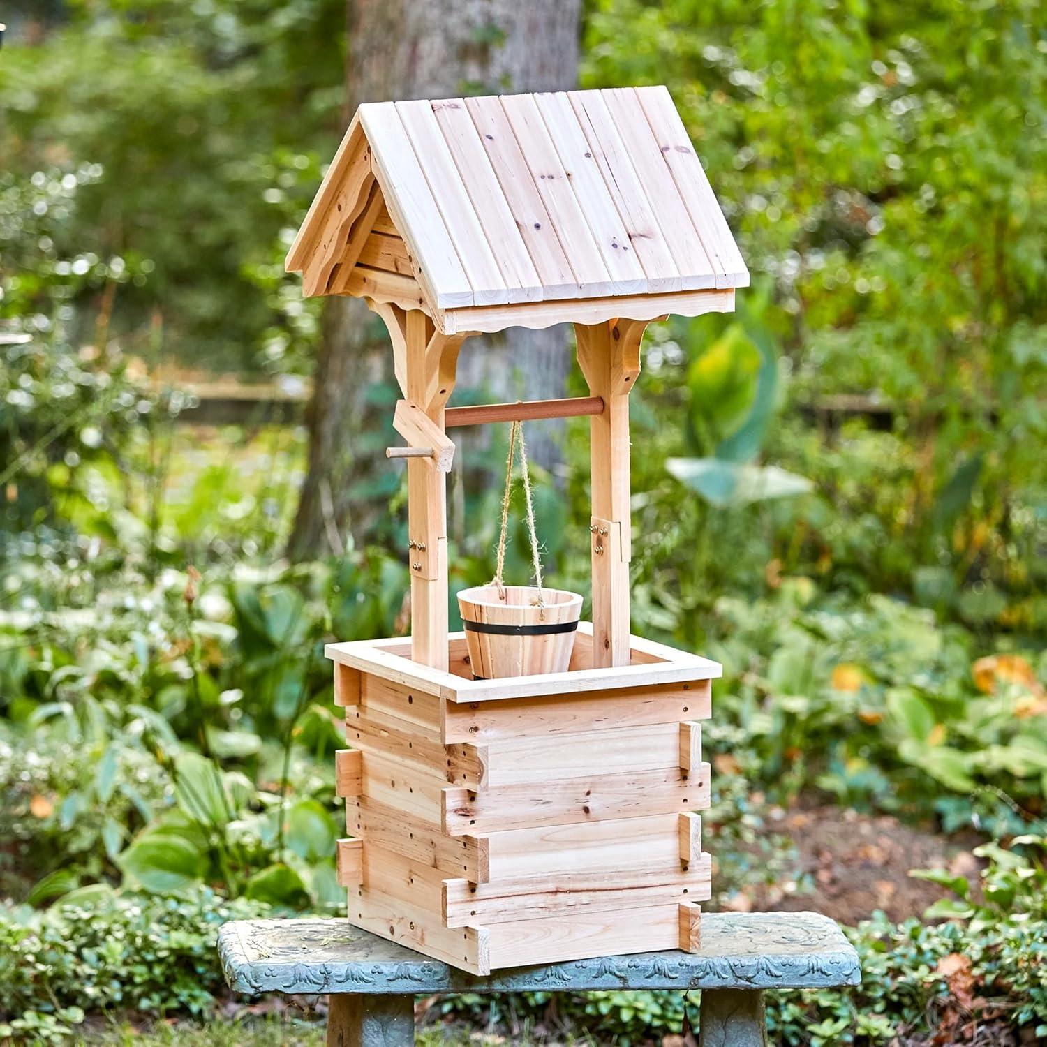 Natural Cedar Wood Outdoor Wishing Well Planter with Hanging Bucket