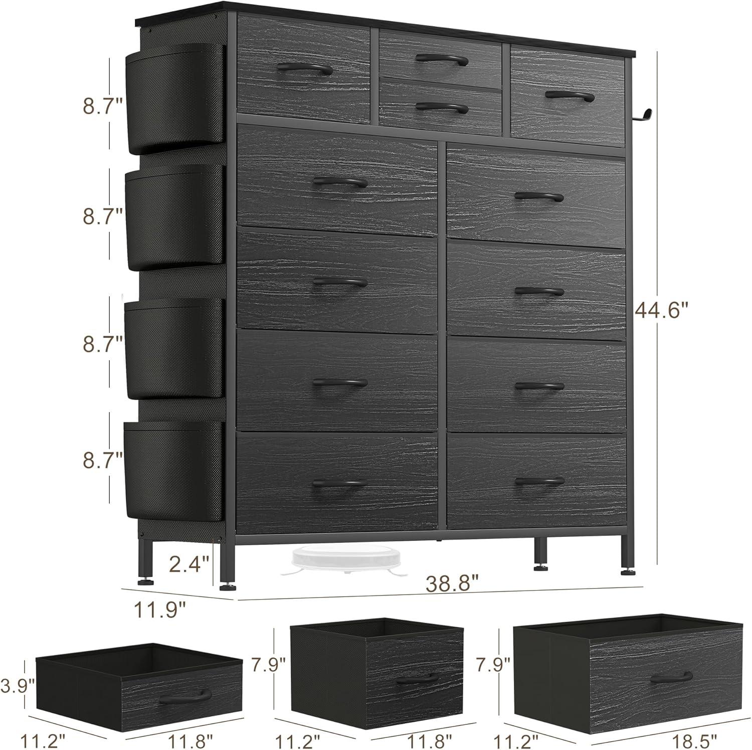 Black Tall Dresser with 12 Fabric Drawers and Side Pockets