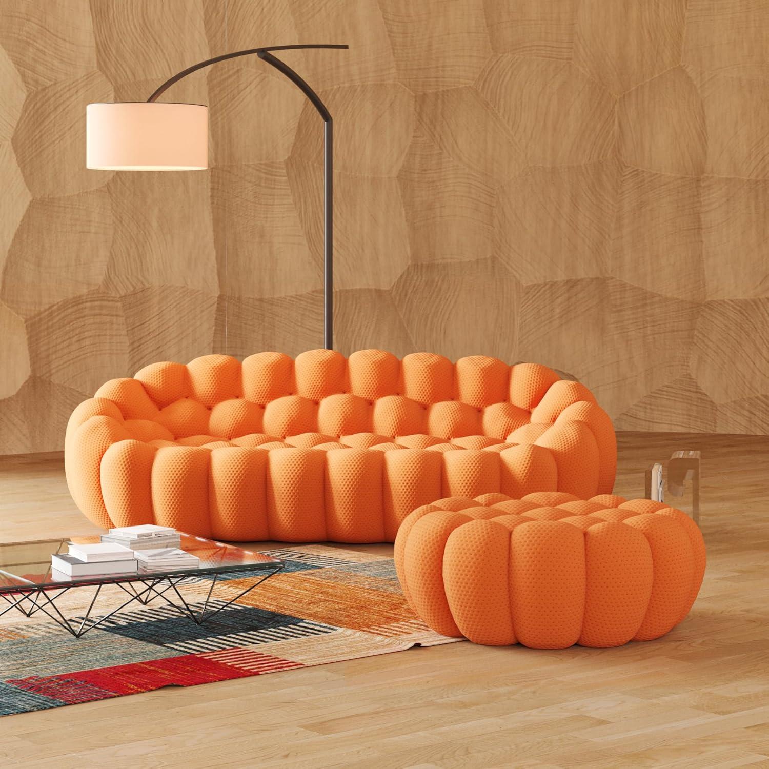 Bubble Couch, 98.43'' Modern 3-Seater Lazy Floor Couch, Memory Foam Bubble Round Sofa 3D Honeycomb Shape Curved Sofas for Living Room, Office, Apartment (Orange)